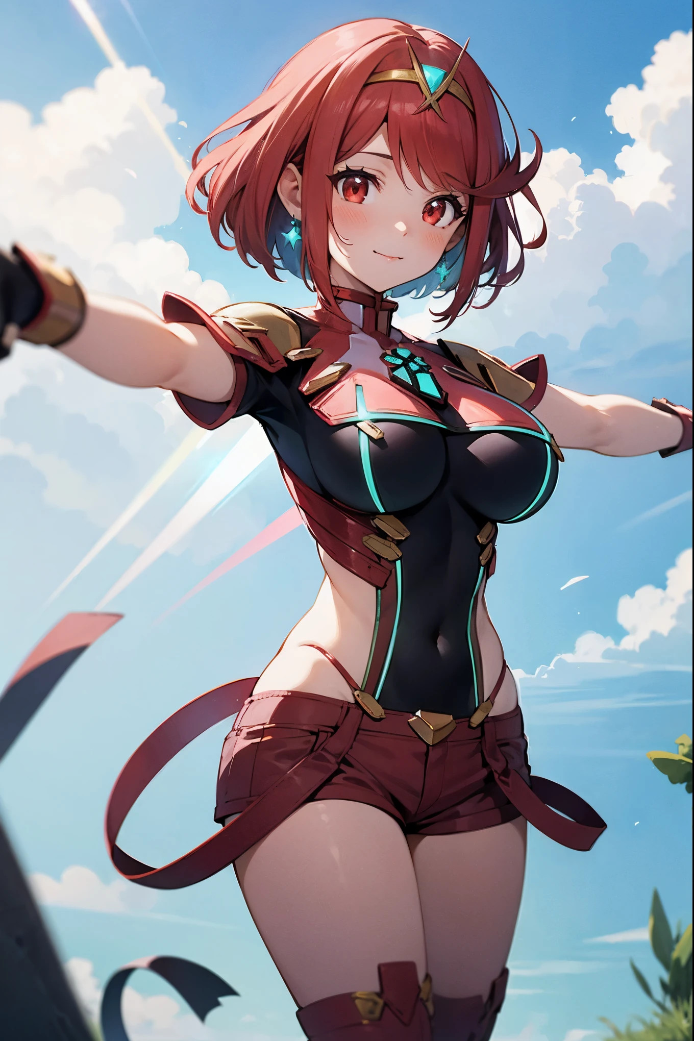 score_9, score_8_up, score_7_up, source_anime, rating_safe, BREAK pyra \(xenoblade\), 1girl, red hair, short hair, swept bangs, bob cut, red eyes, large breasts, tiara, earrings, chest jewel, backless outfit, bodysuit, covered navel, neon trim, clothing cutout, short sleeves, fingerless gloves, black gloves, short shorts, red footwear, thigh boots, fdutch angle, light smile, eye focus, closed mouth, looking at viewer, facing viewer, reaching towards viewer, outstretched arms, wind, floating hair, lightning, light particles, light rays, blue sky, cloud, sunlight, grassland_background ,lens flare,(plump:0.7),:3