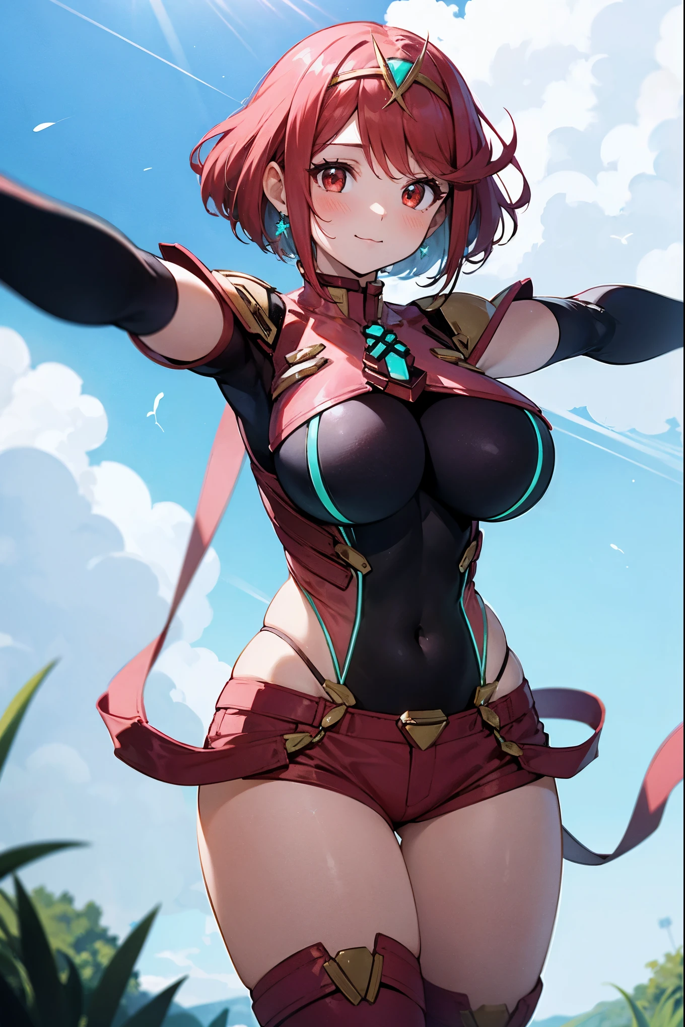 score_9, score_8_up, score_7_up, source_anime, rating_safe, BREAK pyra \(xenoblade\), 1girl, red hair, short hair, swept bangs, bob cut, red eyes, large breasts, tiara, earrings, chest jewel, backless outfit, bodysuit, covered navel, neon trim, clothing cutout, short sleeves, fingerless gloves, black gloves, short shorts, red footwear, thigh boots, fdutch angle, light smile, eye focus, closed mouth, looking at viewer, facing viewer, reaching towards viewer, outstretched arms, wind, floating hair, lightning, light particles, light rays, blue sky, cloud, sunlight, grassland_background ,lens flare,(plump:0.7),:3