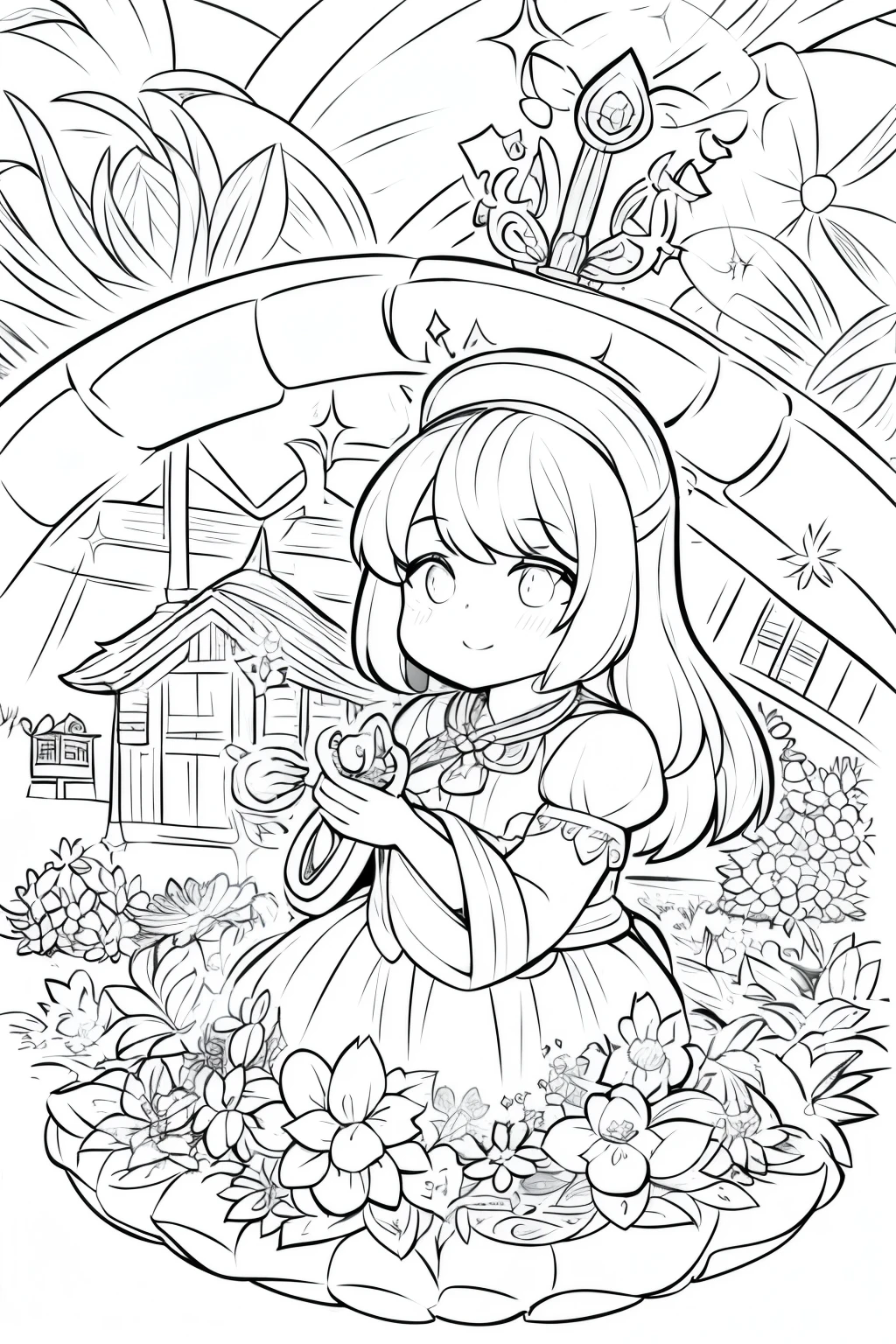 Ella in her garden holding a glowing golden key. Surround her with blooming flowers, a small cottage, and magical sparkles. for coloring page