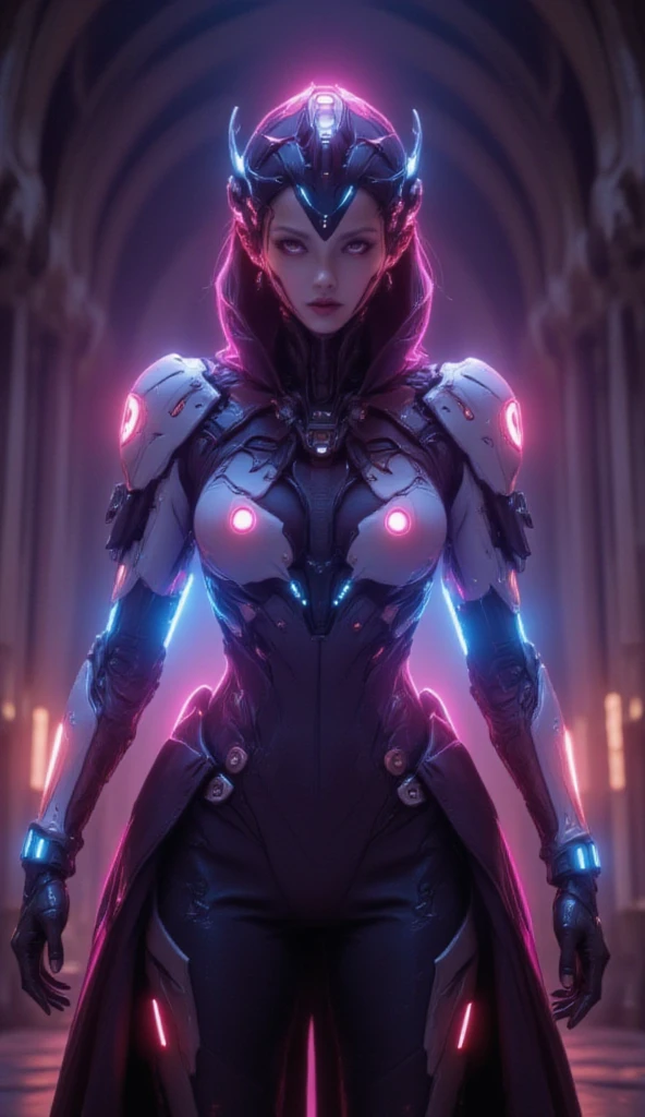 In the world of Warframe, Johanna de Armas emerges as a young woman, her form encased in a neon genesis evangelion style plugsuit, a testament to advanced futuristic exoskeletons. The exosuit, a fusion of futuristic baroque and rococo cyberpunk, is a marvel of design, featuring a white puffer jacket that adds a touch of elegance to her formidable appearance.
She stands in an opulent gothic cyber church, bathed in neon lights that cast dramatic shadows, emphasizing the off-center composition of the scene. The atmosphere is thick with the essence of retro cyberpunk art, reminiscent of the works by Keos Masons, and the painting style of Richard Gerstl, known for his vibrant expressionism and emotive, psychological intensity.
The street art and graffiti around her, with their vibrant colors and urban themes, reflect an 80's inspired synthwave aesthetic. The scene is a tapestry of neon, vibrant, and detailed elements that capture the essence of retro futurism. The shallow depth of field, vignette effect, and highly detailed rendering create a moody, epic atmosphere, reminiscent of a high-budget cinematic production.
The bokeh effect, cinemascope framing, and the addition of film grain give the image a grainy texture, enhancing its cinematic quality and adding to the overall gorgeousness of the scene. This is a world where technology and art collide, creating a visual spectacle that is both intense and beautiful.