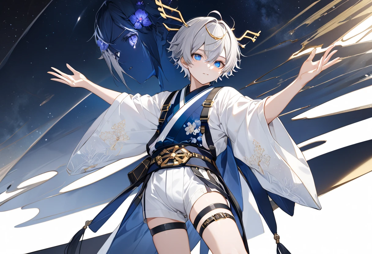  fresh illustration ,
Superfine painting,
 very delicate illustration ,
 Very fine details ,
Picture of only one boy ,
 arms spread out ,
Height: 158cm,
 white skin,
The right eye is purple and the left eye is blue iris heterochromia ,
 beautiful eyes,
 large black pupils ,
 short hair with shadows,
Gray Hair,
 hair roots are bluish ,
 hair has gradation ,
 shiny hair with makeup,
 cute faces ,
 pretty face
There is a shiny rear wheel on the back of the head ,
 raised eyebrows ,
 upper body is wearing kimono in Japanese clothes ,
Masculine physique,
 Six Pack ,
Super small breasts,
No boobs,
 lower body Nadres ,
The color of the belt is black ,
Overall white clothes ,
 tasteful embroidery with gold thread ,
 fine fabric clothing ,
 jockstrap underwear ,
 thigh strap ,
 thigh strap は肌に食い込んでいる,
The number of fingers on a hand is five,
 thin waist,
 thin legs ,
Isometric,
Golden Ratio,
god々 like atmosphere,
 wearing blue colored padded collar innerwear ,
 outer space ,
Milky Way,
Little Star々 upper body ,
 tactical use of shadows ,
 does not let the head ring or hair stick out of the angle of view,
 clothes don't stick out of angle of view ,
 body orientation is symmetrical ,
Clothes are symmetrical,
Picture of standing upright and steady ,
 with little pubic hair,
Knee Shot,