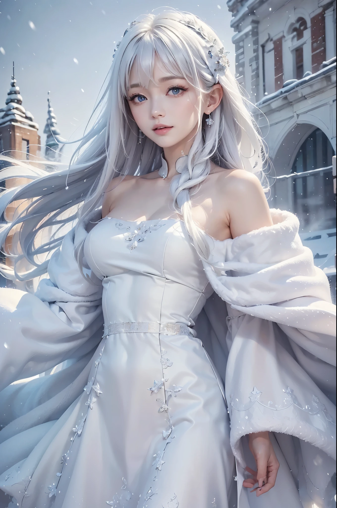 masterpiece, (highest quality: 1.2), (super fine: 1.2), figure, (very delicate and beautiful: 1.2), film angle, floating, (beautiful detail eyes: 1.1), (detail light: 1.1), film light, delicate sky, realistic:1.3, 1girl, white hair, medium breasts, winter dress and coats, outdoors, snow falling, off shoulder dress, far corts, ruins