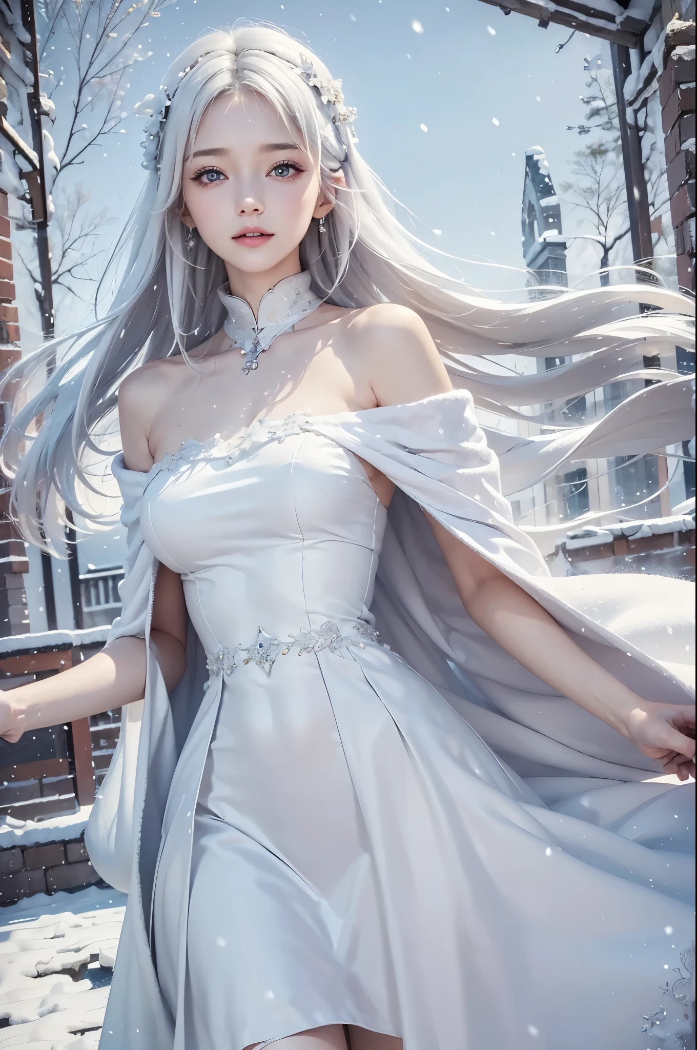 masterpiece, (highest quality: 1.2), (super fine: 1.2), figure, (very delicate and beautiful: 1.2), film angle, floating, (beautiful detail eyes: 1.1), (detail light: 1.1), film light, delicate sky, realistic:1.3, 1girl, white hair, medium breasts, winter dress and coats, outdoors, snow falling, off shoulder dress, far corts, ruins