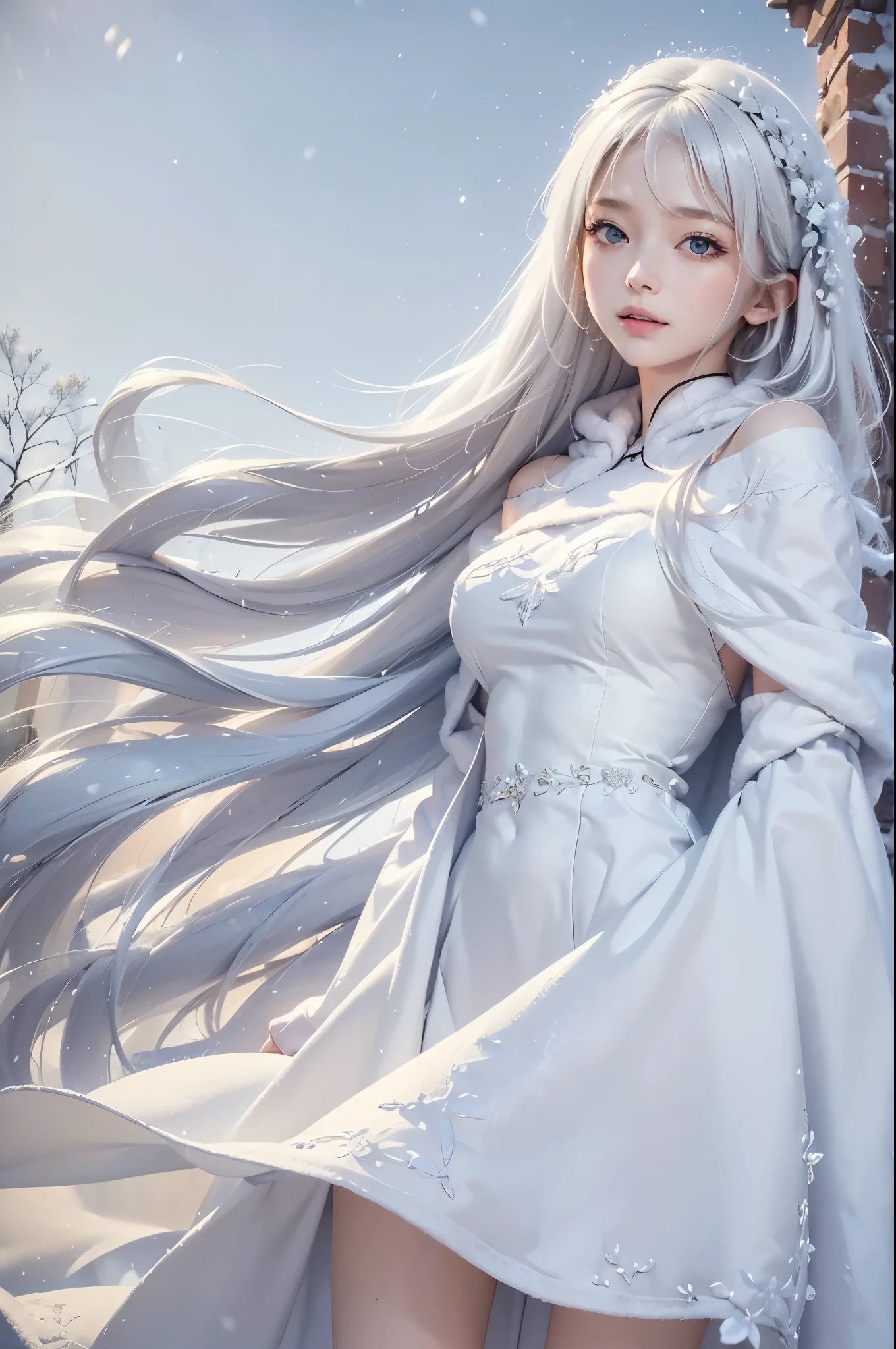 masterpiece, (highest quality: 1.2), (super fine: 1.2), figure, (very delicate and beautiful: 1.2), film angle, floating, (beautiful detail eyes: 1.1), (detail light: 1.1), film light, delicate sky, realistic:1.3, 1girl, white hair, medium breasts, winter dress and coats, outdoors, snow falling, off shoulder dress, far corts, ruins