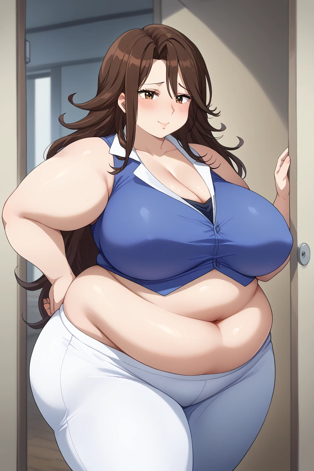  Sumeragi Lee Noriega ,  Sumeragi Lee Noriega ,blue shirt, sleeveless ,White trousers,Exposed navel,Obese middle-aged woman, troubled expression, embarrassing expression ,milf, chubby, king bang , score_9,  score_8_ up、 score_7_ up、 score_6_ up、 score_5_ up、 score_4_ up、 masterpieces at the front door of the house、 top quality , very aesthetic,  absurd、 source screen cap ,  one woman、Alone、 personal  、 brown eyes、 brown hair 、 long hair、Super huge breasts,  super huge clevis、Super huge, Super huge boob,Curvy、 wide hips、