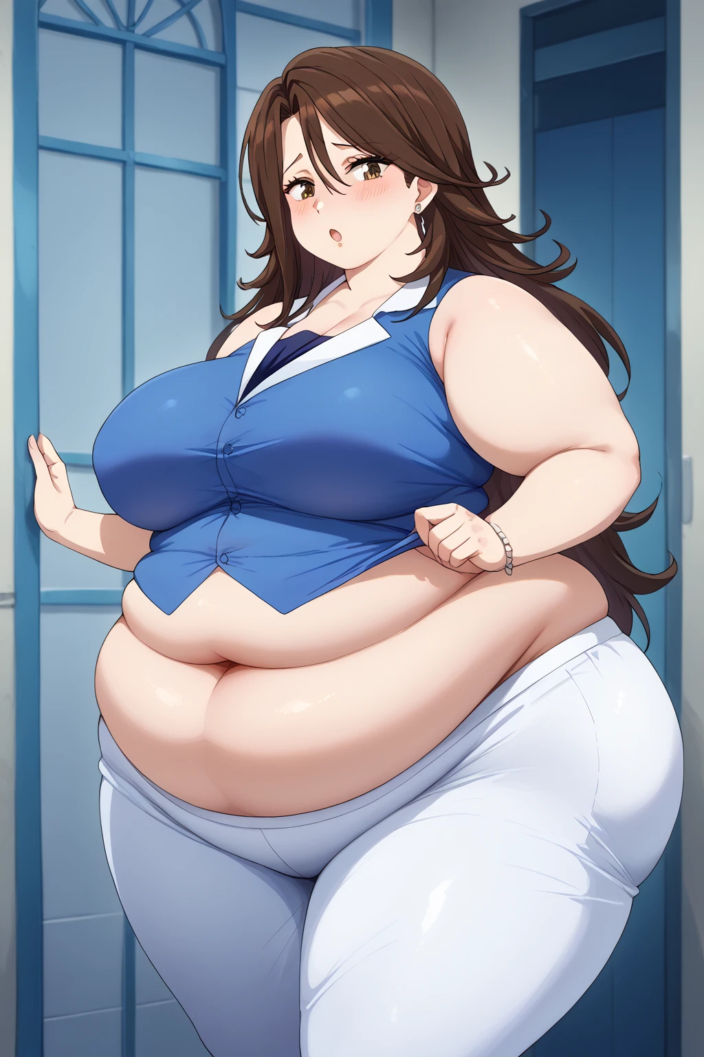  Sumeragi Lee Noriega ,  Sumeragi Lee Noriega ,blue shirt, sleeveless ,White trousers,Exposed navel,Obese middle-aged woman, troubled expression, embarrassing expression ,milf, chubby, king bang , score_9,  score_8_ up、 score_7_ up、 score_6_ up、 score_5_ up、 score_4_ up、 masterpieces at the front door of the house、 top quality , very aesthetic,  absurd、 source screen cap ,  one woman、Alone、 personal  、 brown eyes、 brown hair 、 long hair、Super huge breasts,  super huge clevis、Super huge, Super huge boob,Curvy、 wide hips、