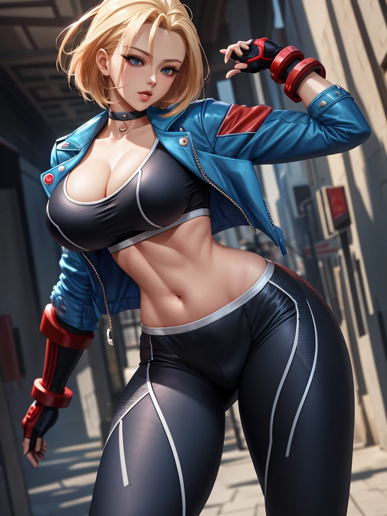 extremely detailed, 8k, masterpiece, official art, unreal engine, best quality, absurd res, ultra high res, 
BREAK, 
 cammy white, blue short jacket, red gloves, black long leggings, sexy pause,
BREAK, 
slender body, big breasts, tiny waist big, sexy body, sexy figure, slim thighs, sexy, beautiful Navel, desireable, tempting, Detailed drawing of eyelashes,
BREAK,
(((dynamic angle))), 
