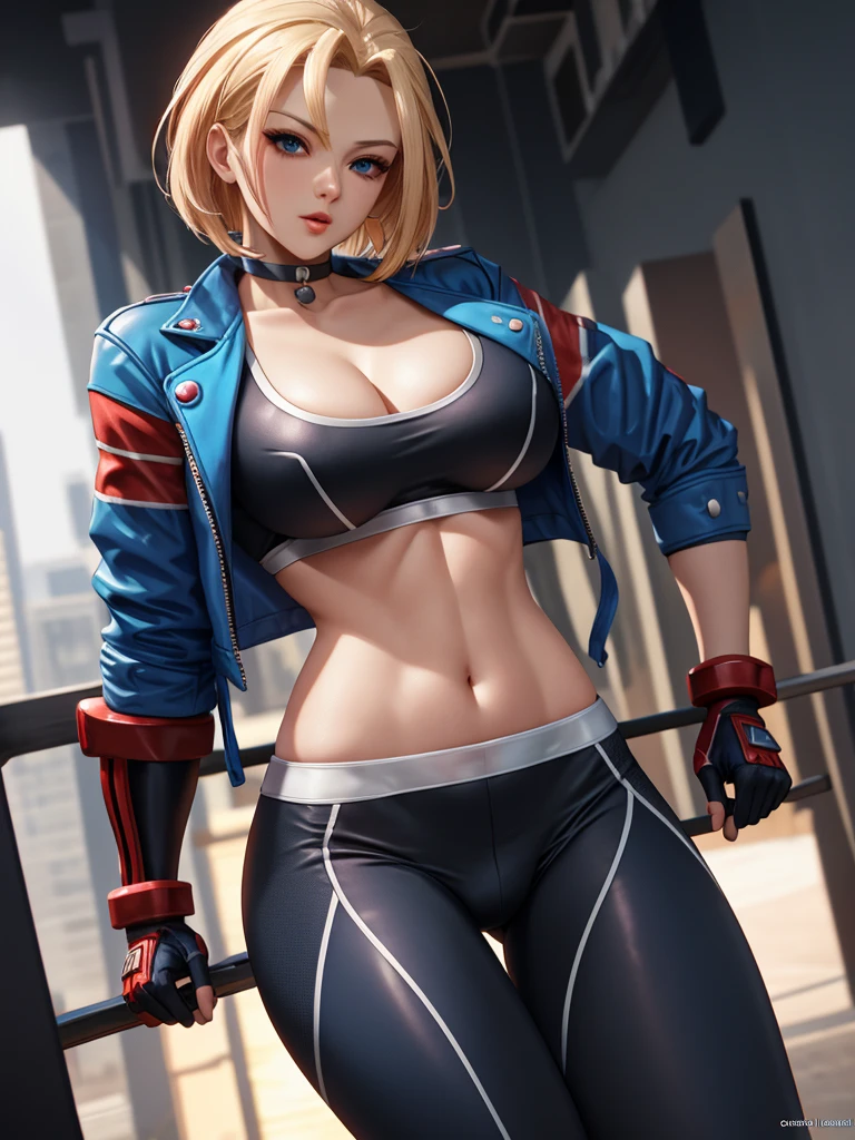 extremely detailed, 8k, masterpiece, official art, unreal engine, best quality, absurd res, ultra high res, 
BREAK, 
 cammy white, blue short jacket, red gloves, black long leggings, sexy pause,
BREAK, 
slender body, big breasts, tiny waist big, sexy body, sexy figure, slim thighs, sexy, beautiful Navel, desireable, tempting, Detailed drawing of eyelashes,
BREAK,
(((dynamic angle))), 
