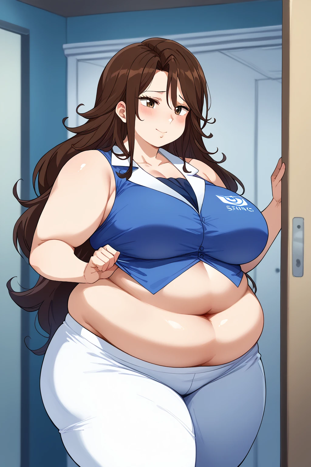  Sumeragi Lee Noriega ,  Sumeragi Lee Noriega ,blue shirt, sleeveless ,White trousers,Exposed navel,Obese middle-aged woman, troubled expression, embarrassing expression ,milf, chubby, king bang , score_9,  score_8_ up、 score_7_ up、 score_6_ up、 score_5_ up、 score_4_ up、 masterpieces at the front door of the house、 top quality , very aesthetic,  absurd、 source screen cap ,  one woman、Alone、 personal  、 brown eyes、 brown hair 、 long hair、Super huge breasts,  super huge clevis、Super huge, Super huge boob,Curvy、 wide hips、