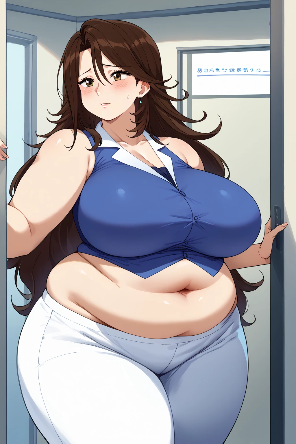  Sumeragi Lee Noriega ,  Sumeragi Lee Noriega ,blue shirt, sleeveless ,White trousers,Exposed navel,Obese middle-aged woman, troubled expression, embarrassing expression ,milf, chubby, king bang , score_9,  score_8_ up、 score_7_ up、 score_6_ up、 score_5_ up、 score_4_ up、 masterpieces at the front door of the house、 top quality , very aesthetic,  absurd、 source screen cap ,  one woman、Alone、 personal  、 brown eyes、 brown hair 、 long hair、Super huge breasts,  super huge clevis、Super huge, Super huge boob,Curvy、 wide hips、