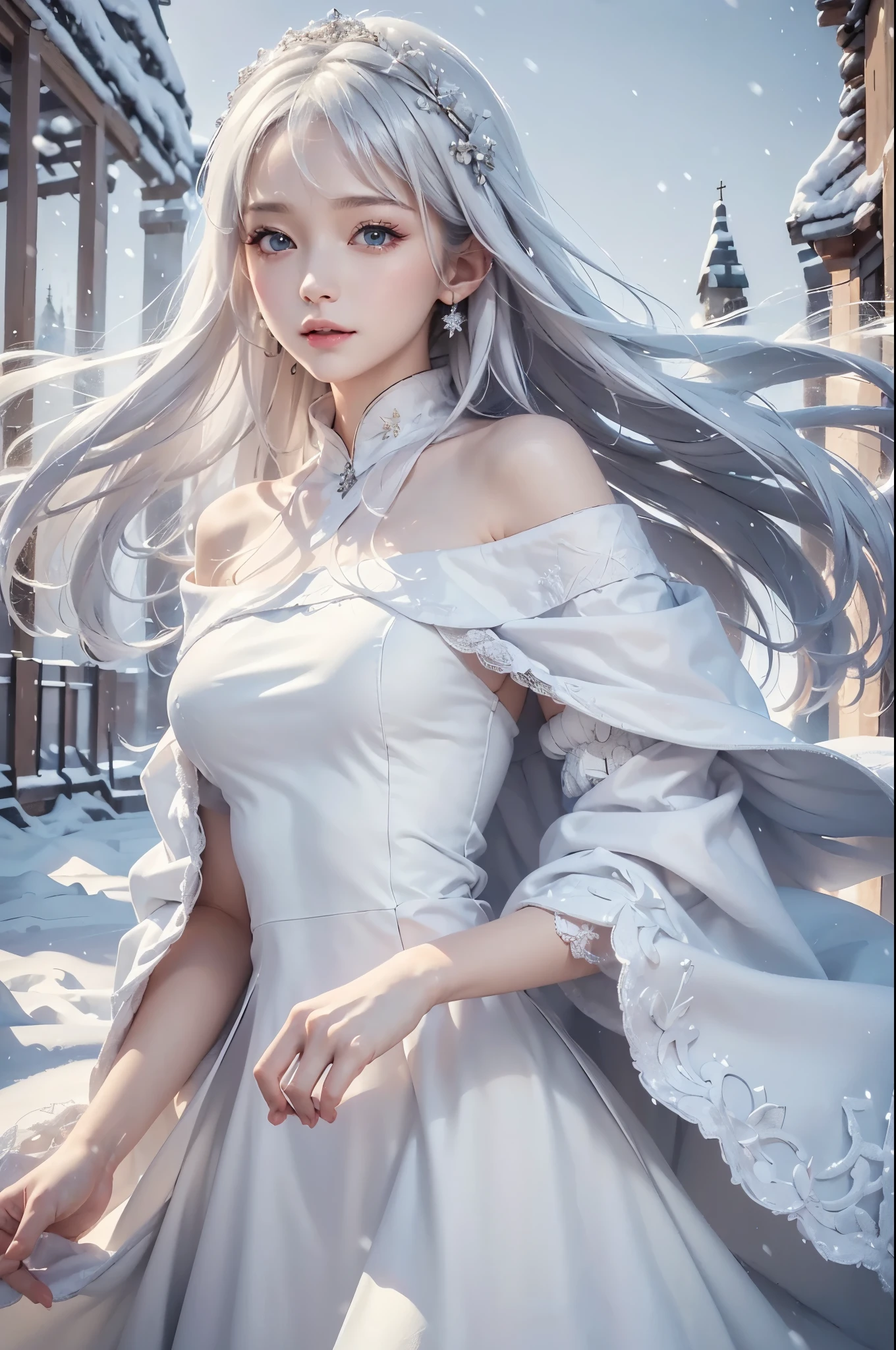 masterpiece, (highest quality: 1.2), (super fine: 1.2), figure, (very delicate and beautiful: 1.2), film angle, floating, (beautiful detail eyes: 1.1), (detail light: 1.1), film light, delicate sky, realistic:1.3, 1girl, white hair, medium breasts, winter dress and coats, outdoors, snow falling, off shoulder dress, far corts, ruins