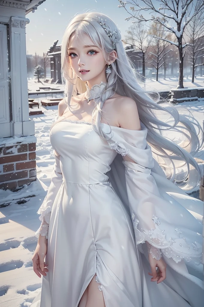 ((masterpiece:1.5、8k、Portraiture、フォトリアリスティックでVery detailedなCG、Very detailed、Particle Effects、Dynamic Effects、Shallow depth of field、Cinematic Light、Lens flare、Ray Tracing、Tabletop、Realistic:1.4、Ultra-high resolution:1.2、Realistic、Realistic))((alone、 off shoulder knit sweater、long skirt、Elegant woman posing、Detailed face、bright表情、young, bright, Whiter skin、large breasts、Best Looks、white hair、Super long, Silky straight hair、Hair dancing in the wind))(morning、The setting is outdoors in the snow、Surrounded by illuminations). from behind:1.5, look back