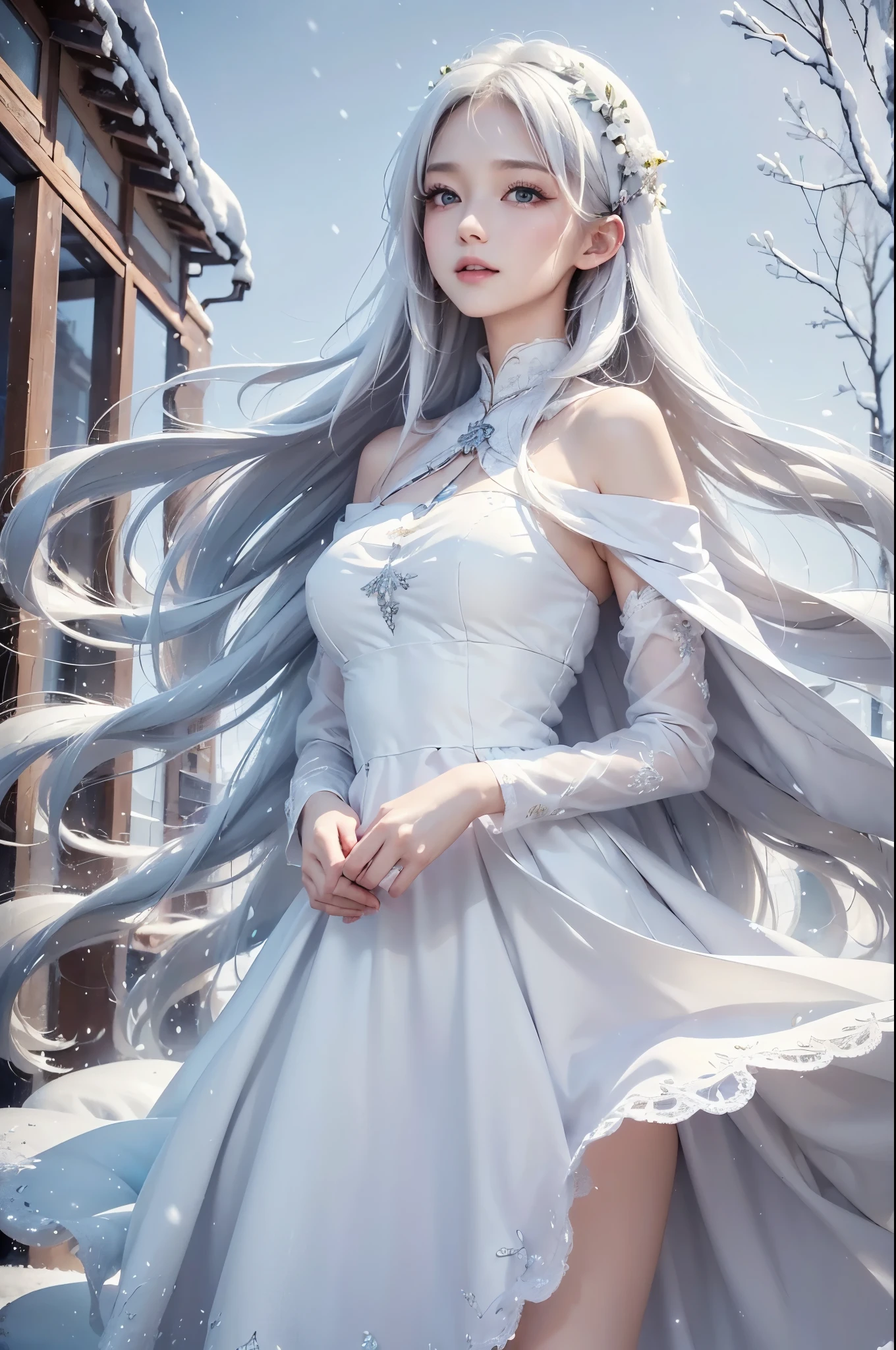 masterpiece, (highest quality: 1.2), (super fine: 1.2), figure, (very delicate and beautiful: 1.2), film angle, floating, (beautiful detail eyes: 1.1), (detail light: 1.1), film light, delicate sky, realistic:1.3, 1girl, white hair, medium breasts, winter dress and coats, outdoors, snow falling, off shoulder dress, far corts, ruins
