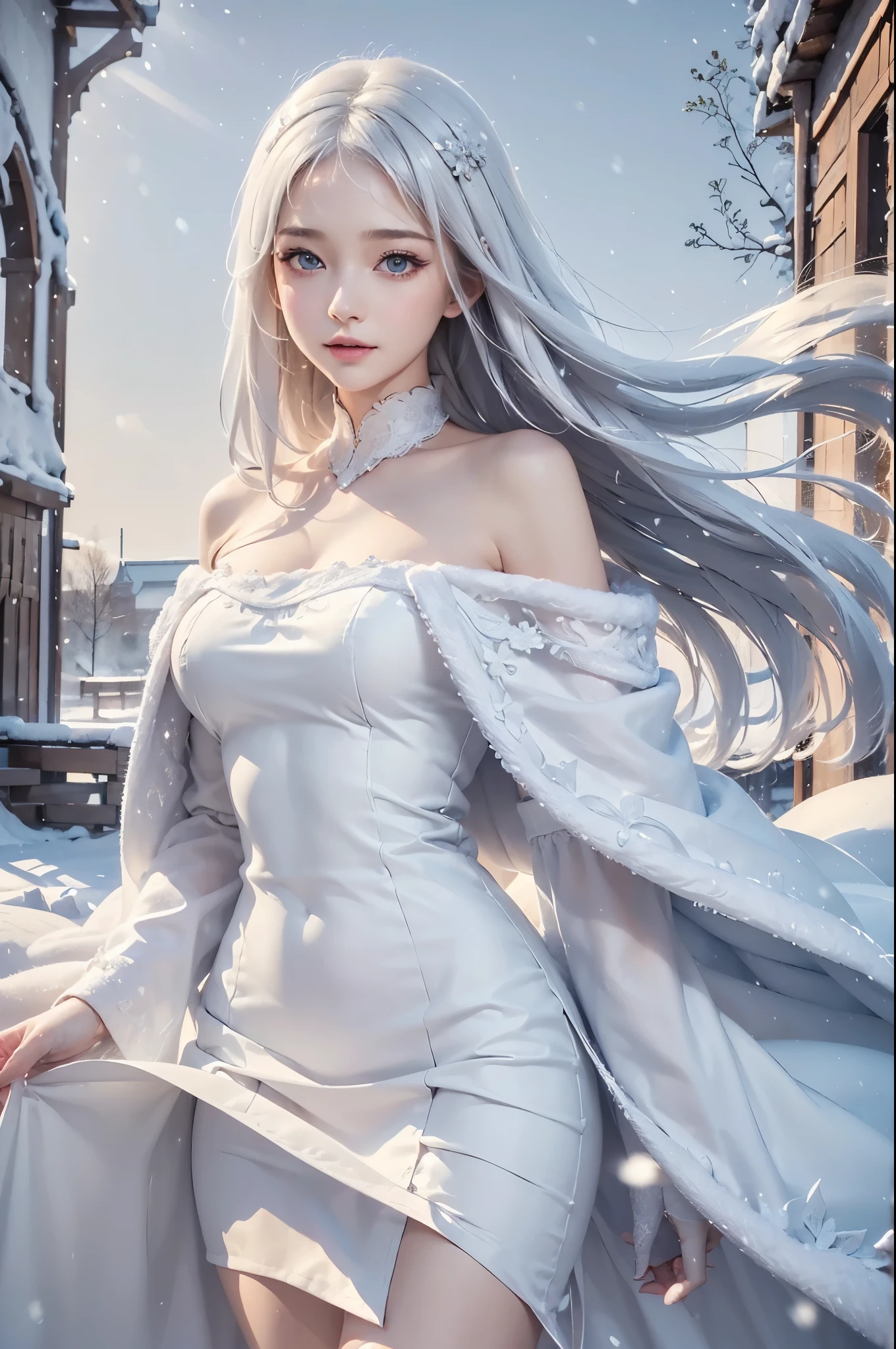 masterpiece, (highest quality: 1.2), (super fine: 1.2), figure, (very delicate and beautiful: 1.2), film angle, floating, (beautiful detail eyes: 1.1), (detail light: 1.1), film light, delicate sky, realistic:1.3, 1girl, white hair, medium breasts, winter dress and coats, outdoors, snow falling, off shoulder dress, far corts, ruins
