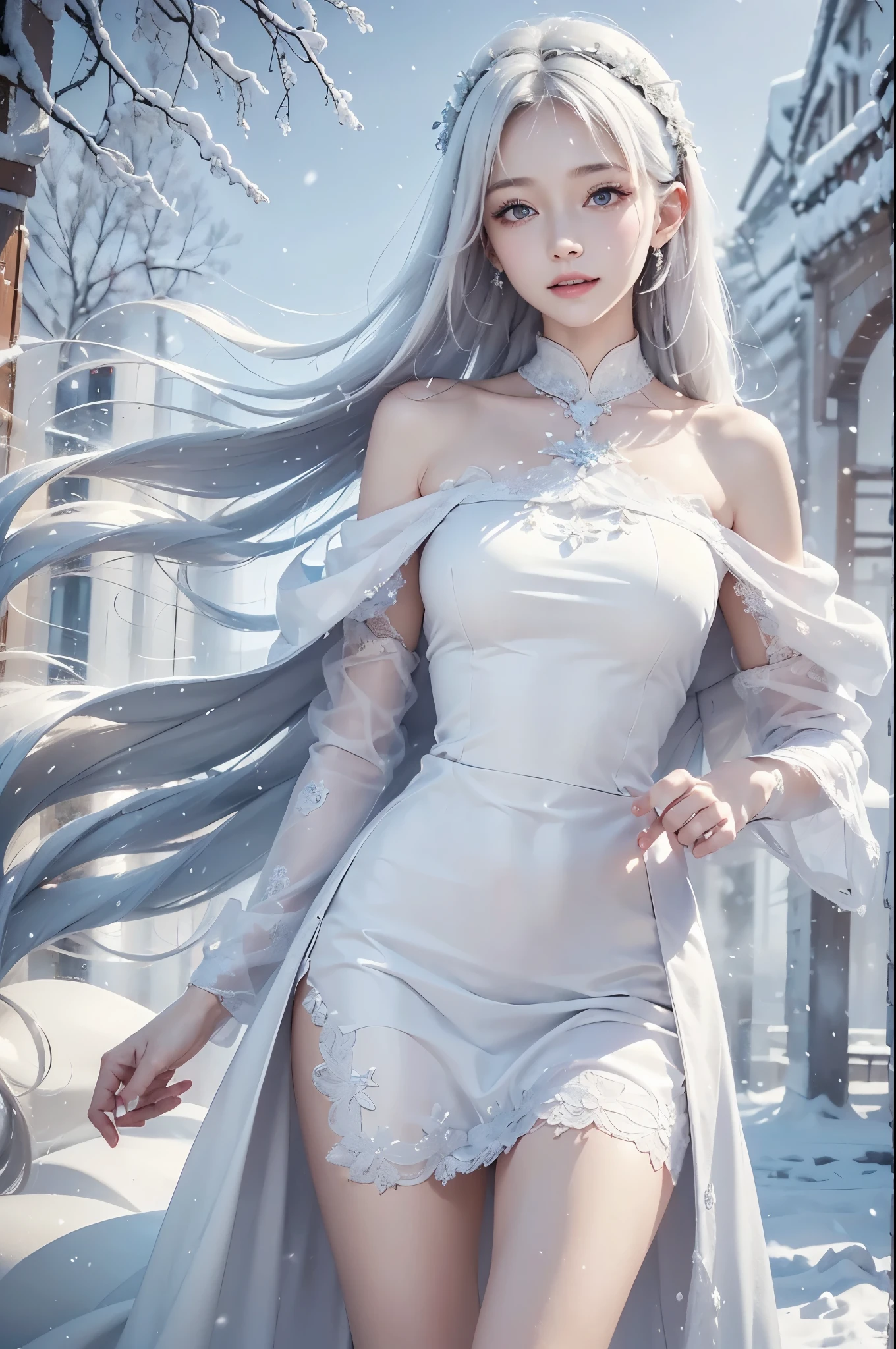 masterpiece, (highest quality: 1.2), (super fine: 1.2), figure, (very delicate and beautiful: 1.2), film angle, floating, (beautiful detail eyes: 1.1), (detail light: 1.1), film light, delicate sky, realistic:1.3, 1girl, white hair, medium breasts, winter dress and coats, outdoors, snow falling, off shoulder dress, far corts, ruins
