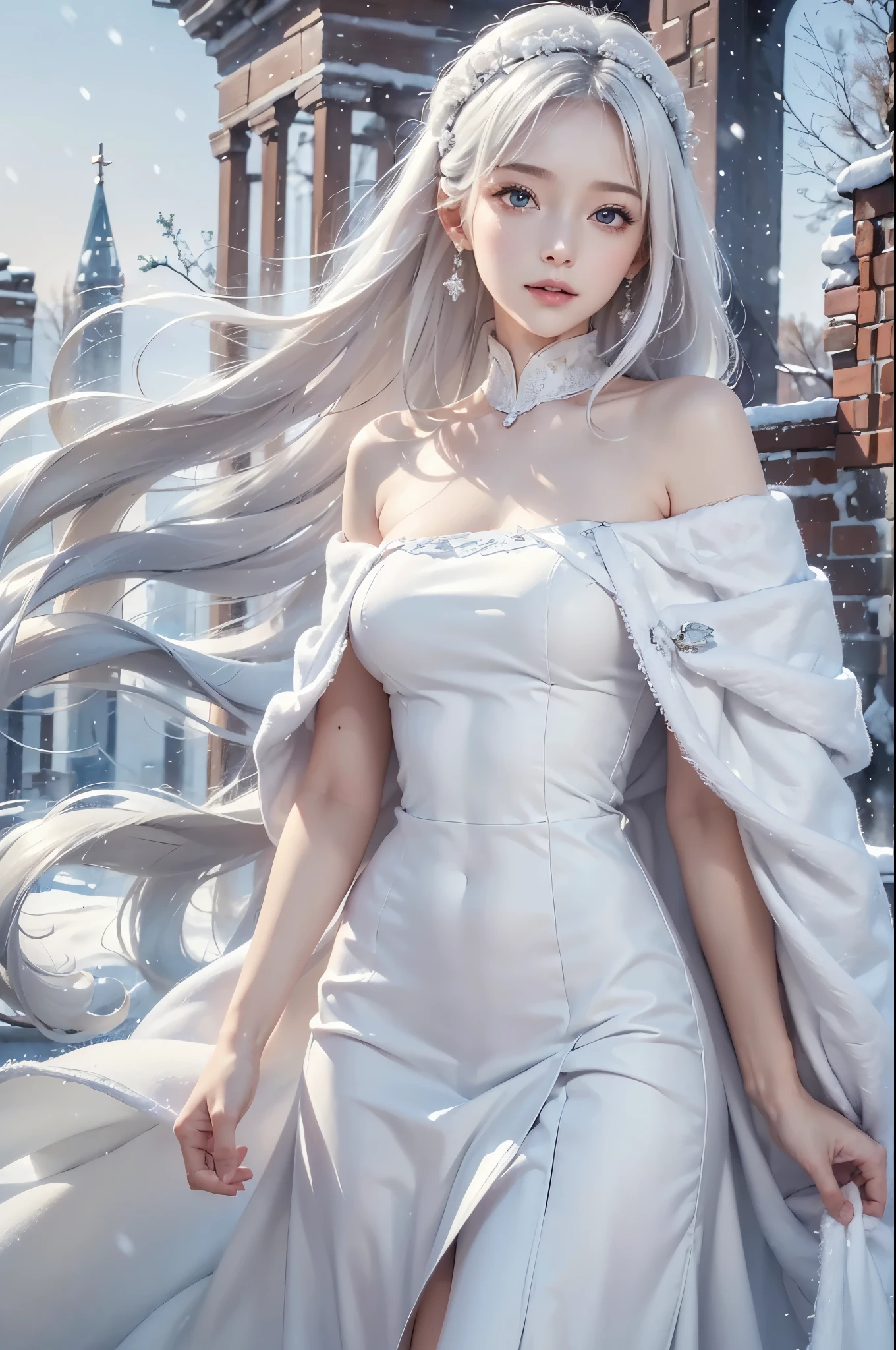 masterpiece, (highest quality: 1.2), (super fine: 1.2), figure, (very delicate and beautiful: 1.2), film angle, floating, (beautiful detail eyes: 1.1), (detail light: 1.1), film light, delicate sky, realistic:1.3, 1girl, white hair, medium breasts, winter dress and coats, outdoors, snow falling, off shoulder dress, far corts, ruins