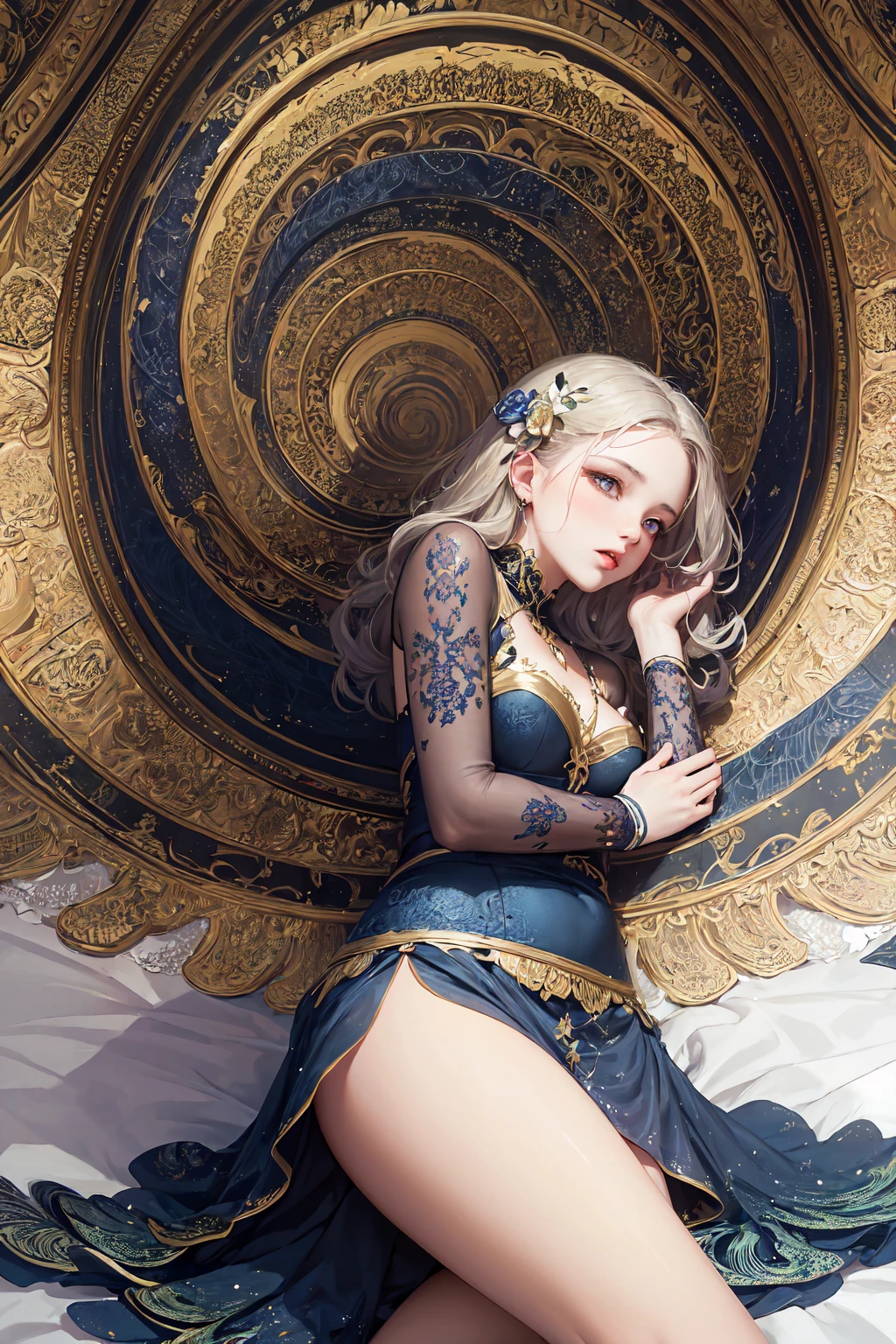 8k, ultra-detailed, beautiful and aesthetic, masterpiece, best quality, (zentangle, mandala, tangled, entangled), (fractal art: 1.3), 1girl, very detailed, dynamic angle, cowboyshot, most beautiful forms chaotic, elegant, fauvist design, bright colors, romanticism, James Jean, Robbie Devi Antono, Ross Tran, Francis Bacon, Michal Mlaz, Adrian Ghenny, Petra Courtwright, Gerhard Richter, Takashi Yamamoto, Ashley Wood, atmospheric, ecstatic notes, flow notes visible, jade feet, barefoot --auto --s2
