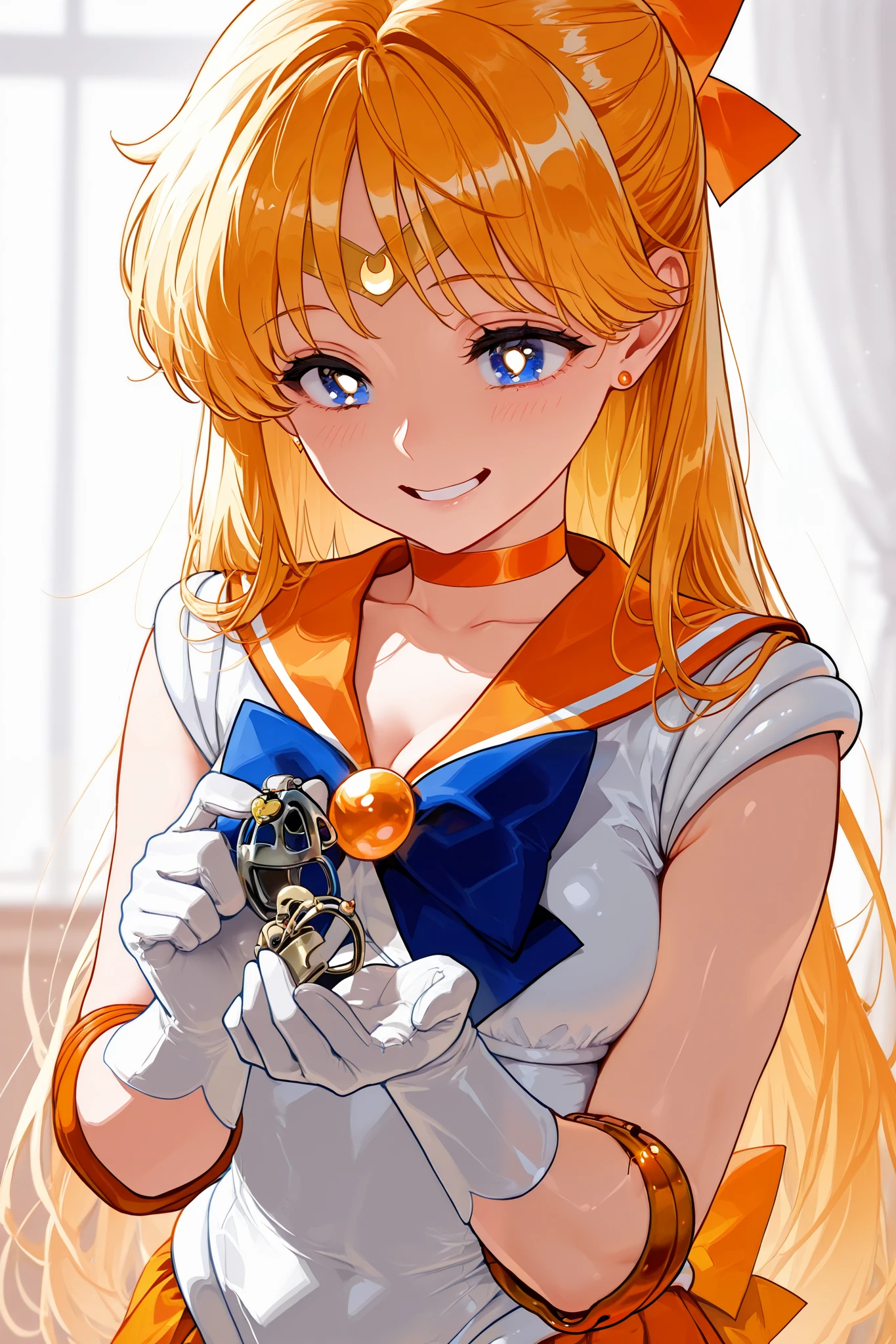 (masterpiece, best quality, high resolution, 8k, score_9, score_8_up), (((orange Sailor Venus))), ((holding tiny chastity cage)), ((giggle)), focus eyes, long hair