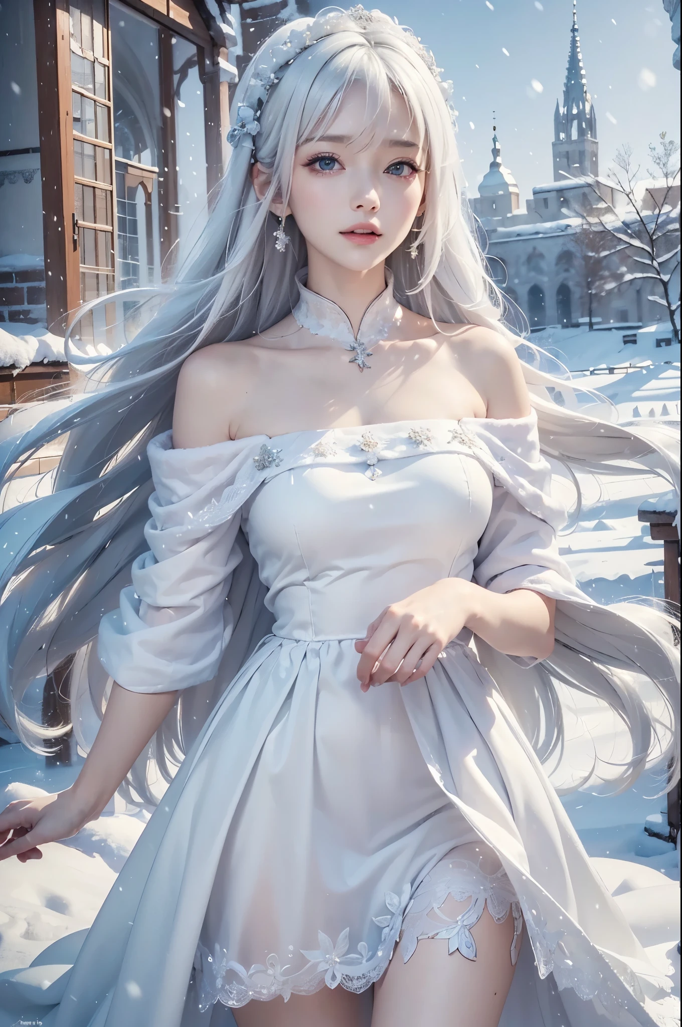 masterpiece, (highest quality: 1.2), (super fine: 1.2), figure, (very delicate and beautiful: 1.2), film angle, floating, (beautiful detail eyes: 1.1), (detail light: 1.1), film light, delicate sky, realistic:1.3, 1girl, white hair, medium breasts, winter dress and coats, outdoors, snow falling, off shoulder dress, far corts, ruins