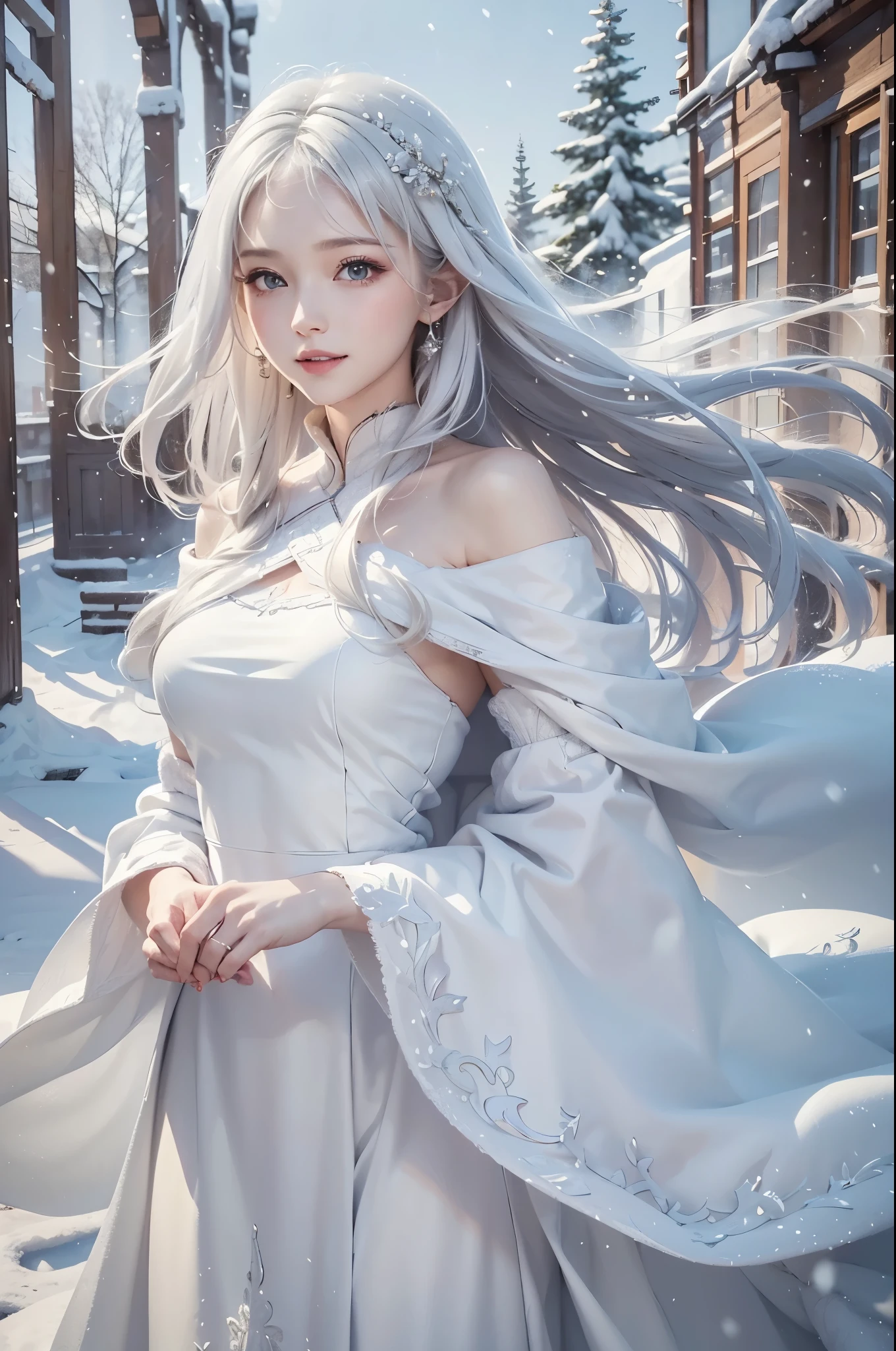 masterpiece, (highest quality: 1.2), (super fine: 1.2), figure, (very delicate and beautiful: 1.2), film angle, floating, (beautiful detail eyes: 1.1), (detail light: 1.1), film light, delicate sky, realistic:1.3, 1girl, white hair, medium breasts, winter dress and coats, outdoors, snow falling, off shoulder dress, far corts, ruins
