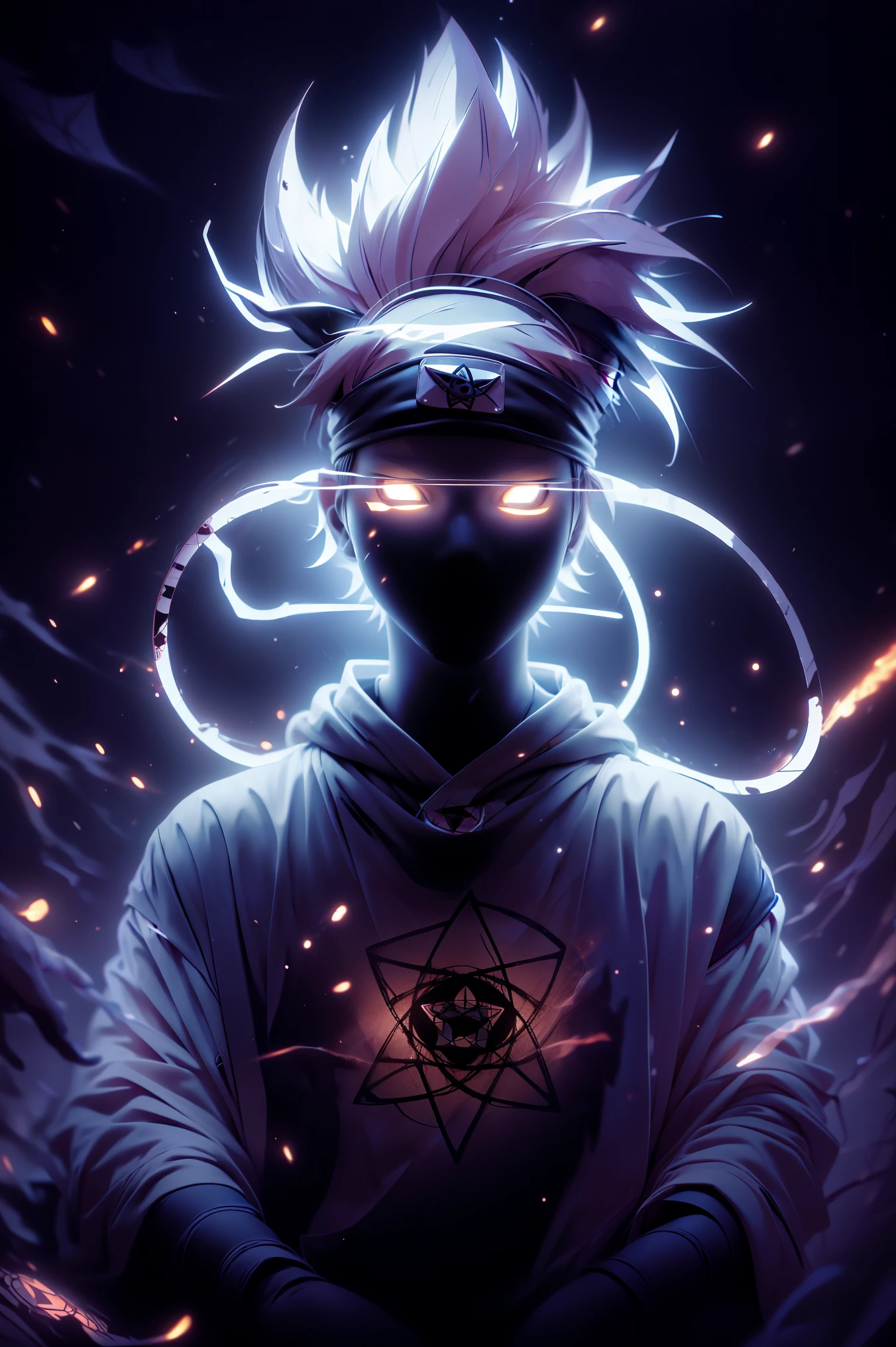 ( best quality,4k,highres),Kakashi sitting on a street-style ledge,((Mangekio Sharingan )),  Leaning against a wall , Red Jordans , red ninja gloves,  white hair , Ninja Headband,  mask that covers your mouth, graffiti background,  vibrant colors, Urban art style, gloomy lighting,(( ghostly ninja )),(Mangekyo Sharingan in the right eye),neon,High, air upwards,energy rising ,dynamic angle