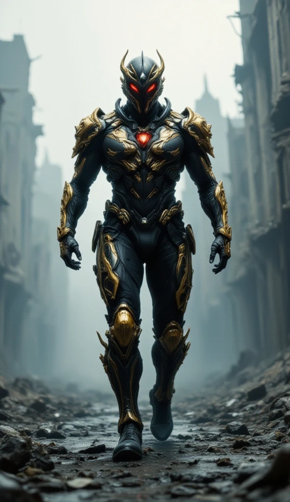 Warframe, clad in imposing armor adorned with intricate, golden filigree, strides confidently through the ravaged streets of a post-apocalyptic city. The imposing figure, with its sleek, black exosuit and menacing, crimson-red visor, exudes an aura of unyielding determination. The Warframe's imposing physique is accentuated by its ornate, articulated armor plating, which seems to shimmer in the faint, misty light that permeates the desolate landscape. As the Warframe navigates the treacherous, rubble-strewn terrain, its footsteps seem to reverberate through the air, a testament to its unwavering resolve. The city's crumbling architecture looms in the background, a haunting reminder of the devastation that lies in the Warframe's wake.