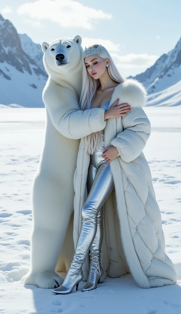  A realistic detailed panoramic photo of a woman with a full body standing ,  She has very white skin ,  long white hair up to her feet and wavy  ,  she wears a silver tiara on her forehead with blue diamonds  ,  she wears a silver jumpsuit over a long down coat with sleeves,  on her feet beautiful boots matching the look .  She is embracing a beautiful polar bear ,  the setting is with snowy mountains and lots of snow  , her gaze is turned forward , a pure and confident look 