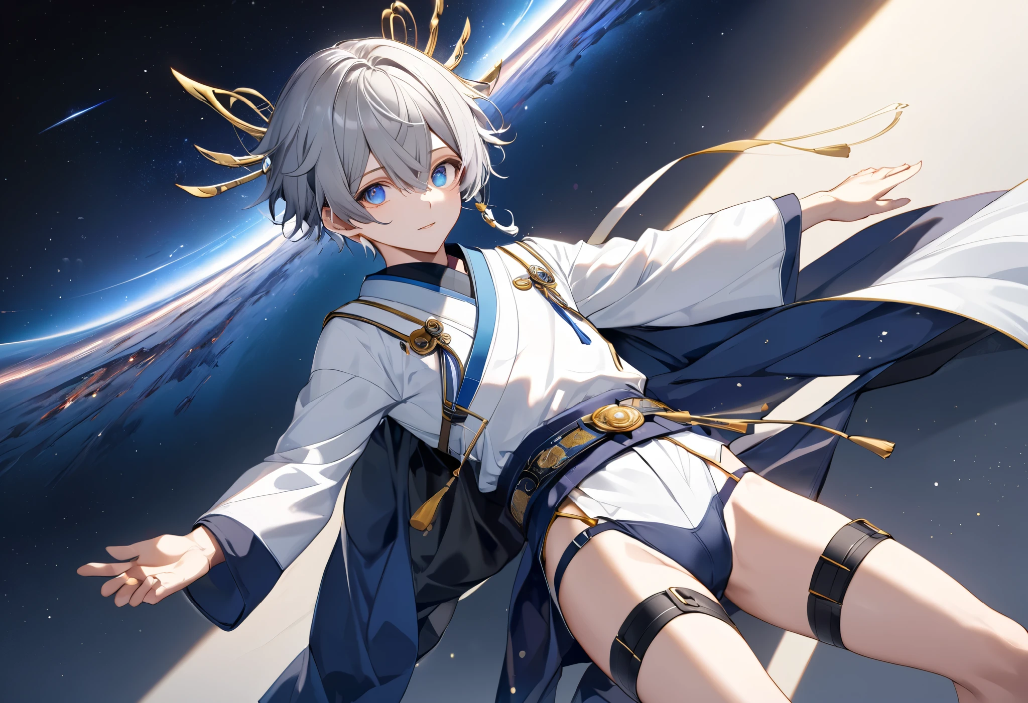  fresh illustration ,
Superfine painting,
 very delicate illustration ,
 Very fine details ,
Picture of only one boy ,
 arms spread out ,
Height: 158cm,
 white skin,
The right eye is purple and the left eye is blue iris heterochromia ,
 beautiful eyes,
 large black pupils ,
 short hair with shadows,
Gray Hair,
 hair roots are bluish ,
 hair has gradation ,
 shiny hair with makeup,
 cute faces ,
 pretty face
There is a shiny rear wheel on the back of the head ,
 raised eyebrows ,
 upper body is wearing kimono in Japanese clothes ,
Masculine physique,
 Six Pack ,
Super small breasts,
No boobs,
 lower body Nadres ,
The color of the belt is black ,
Overall white clothes ,
 tasteful embroidery with gold thread ,
 fine fabric clothing ,
 jockstrap underwear ,
 thigh strap ,
 thigh strap は肌に食い込んでいる,
The number of fingers on a hand is five,
 thin waist,
 thin legs ,
Isometric,
Golden Ratio,
god々 like atmosphere,
 wearing blue colored padded collar innerwear ,
 outer space ,
Milky Way,
Little Star々 upper body ,
 tactical use of shadows ,
 does not let the head ring or hair stick out of the angle of view,
 clothes don't stick out of angle of view ,
 body orientation is symmetrical ,
Clothes are symmetrical,
Picture of standing upright and steady ,
 facing the camera ,
Knee Shot,