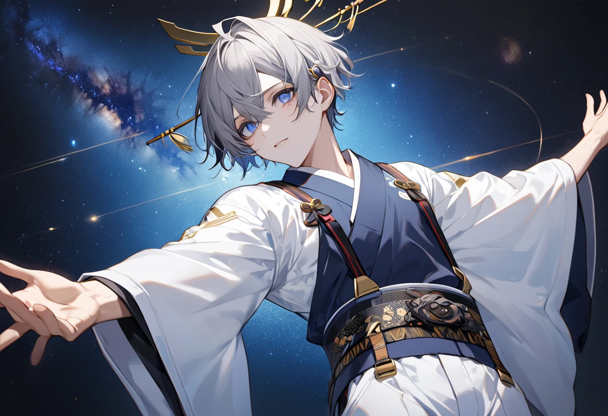  fresh illustration ,
Superfine painting,
 very delicate illustration ,
 Very fine details ,
Picture of only one boy ,
 arms spread out ,
Height: 158cm,
 white skin,
The right eye is purple and the left eye is blue iris heterochromia ,
 beautiful eyes,
 large black pupils ,
 short hair with shadows,
Gray Hair,
 hair roots are bluish ,
 hair has gradation ,
 shiny hair with makeup,
 cute faces ,
 pretty face
There is a shiny rear wheel on the back of the head ,
 raised eyebrows ,
 upper body is wearing kimono in Japanese clothes ,
Masculine physique,
 Six Pack ,
Super small breasts,
No boobs,
 lower body Nadres ,
The color of the belt is black ,
Overall white clothes ,
 tasteful embroidery with gold thread ,
 fine fabric clothing ,
 jockstrap underwear ,
 thigh strap ,
 thigh strap は肌に食い込んでいる,
The number of fingers on a hand is five,
 thin waist,
 thin legs ,
Isometric,
Golden Ratio,
god々 like atmosphere,
 wearing blue colored padded collar innerwear ,
 outer space ,
Milky Way,
Little Star々 upper body ,
 tactical use of shadows ,
 does not let the head ring or hair stick out of the angle of view,
 clothes don't stick out of angle of view ,
 body orientation is symmetrical ,
Clothes are symmetrical,
Picture of standing upright and steady ,
 with little pubic hair,
Knee Shot,