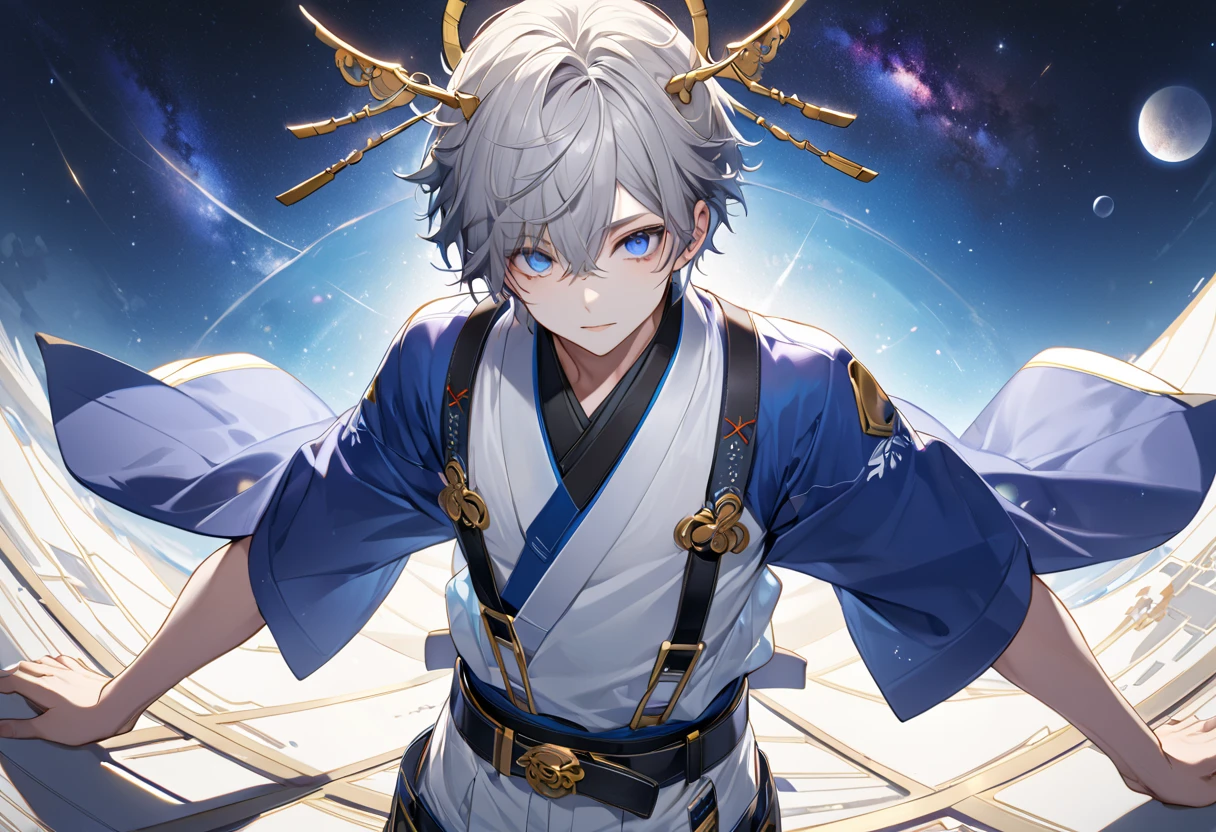  fresh illustration ,
Superfine painting,
 very delicate illustration ,
 Very fine details ,
Picture of only one boy ,
 arms spread out ,
Height: 158cm,
 white skin,
The right eye is purple and the left eye is blue iris heterochromia ,
 beautiful eyes,
 large black pupils ,
 short hair with shadows,
Gray Hair,
 hair roots are bluish ,
 hair has gradation ,
 shiny hair with makeup,
 cute faces ,
 pretty face
There is a shiny rear wheel on the back of the head ,
 raised eyebrows ,
 upper body is wearing kimono in Japanese clothes ,
Masculine physique,
 Six Pack ,
Super small breasts,
No boobs,
 lower body Nadres ,
The color of the belt is black ,
Overall white clothes ,
 tasteful embroidery with gold thread ,
 fine fabric clothing ,
 jockstrap underwear ,
 thigh strap ,
 thigh strap は肌に食い込んでいる,
The number of fingers on a hand is five,
 thin waist,
 thin legs ,
Isometric,
Golden Ratio,
god々 like atmosphere,
 wearing blue colored padded collar innerwear ,
 outer space ,
Milky Way,
Little Star々 upper body ,
 tactical use of shadows ,
 does not let the head ring or hair stick out of the angle of view,
 clothes don't stick out of angle of view ,
 body orientation is symmetrical ,
Clothes are symmetrical,
Picture of standing upright and steady ,
 with little pubic hair,
Knee Shot,