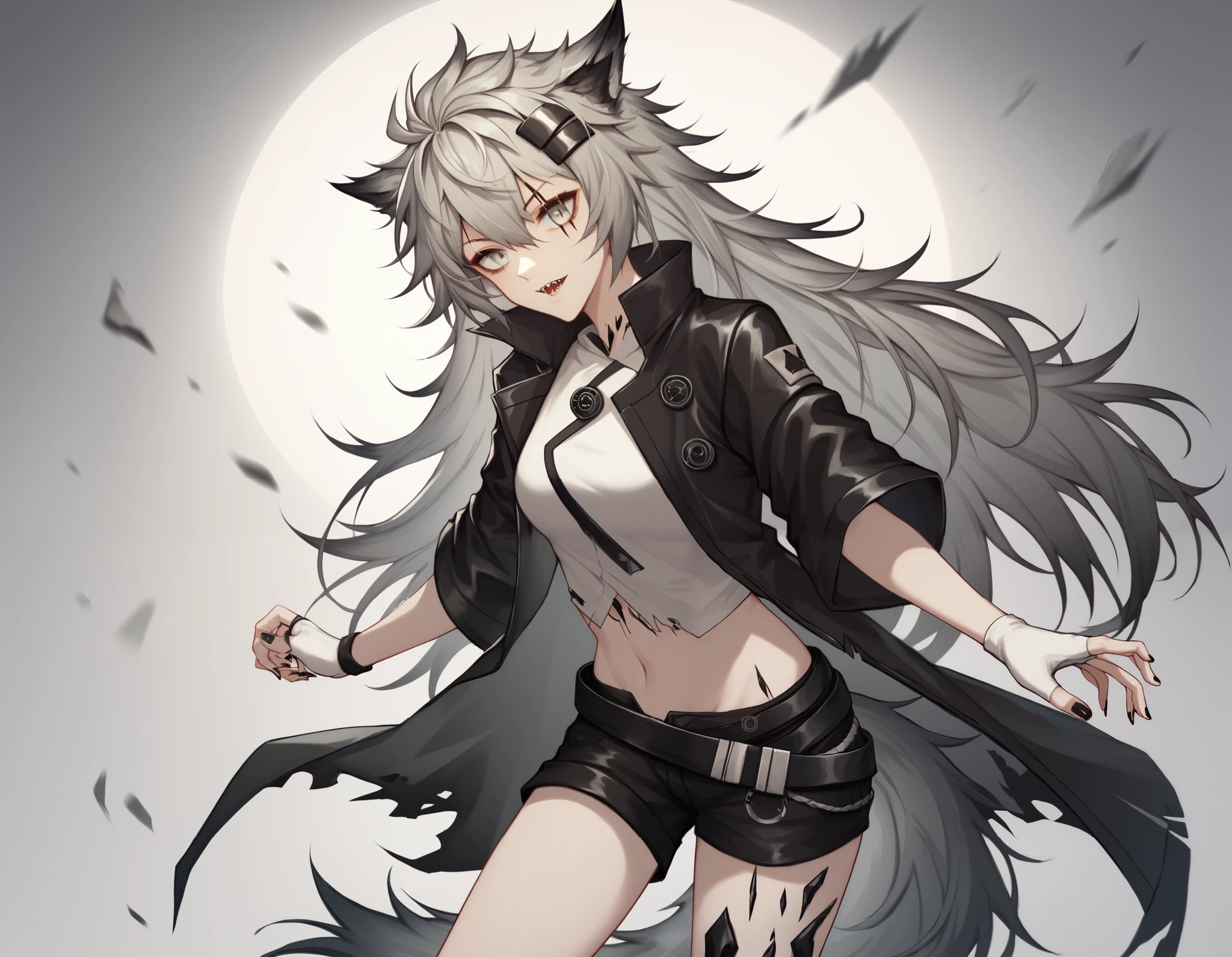 lldef, grey eyes, scar across eye, scar on face, wolf ears, grey hair, hair between eyes, long hair, hair ornament, hairclip, sharp teeth, wolf tail, black nails, nail polish, oripathy lesion \(arknights\), tube top, black jacket, open jacket, long sleeves, fingerless gloves, white gloves, belt, black belt, midriff, black shorts, short shorts