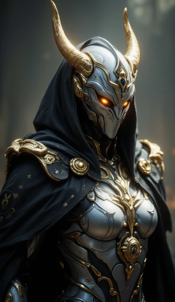 Behold, a formidable sentinel of ancient lore: Warframe. Clad in resplendent silver and black armor, adorned with intricate golden filigree and ornate engravings, this armored warrior exudes an aura of unyielding protection and unrelenting power. The visage of Warframe is obscured by a helmet of gleaming silver, its surface etched with the subtle lines of a noble crest, while two golden horns protrude from the forehead, evoking the majesty of a bygone era. Two piercing eyes, aglow with an otherworldly energy, burn with an intense, fiery light, illuminating the dark recesses of the surroundings. A dark, billowing cloak, embroidered with the symbols of a long-forgotten order, is draped across Warframe's broad shoulders, billowing behind them like a dark cloud. As the light catches the armor's polished surface, it seems to shimmer and dance, as if infused with the very essence of the elements. In this moment, Warframe stands as a testament to the unyielding spirit of a bygone age, a guardian of the past, and a champion of the present.