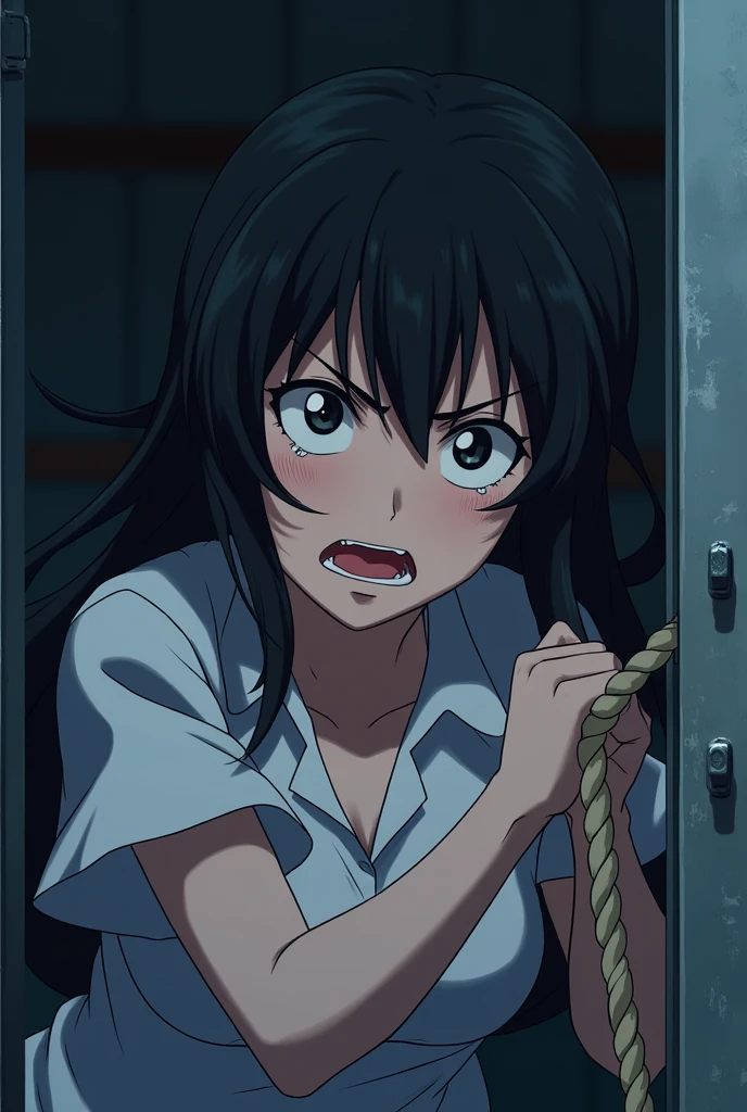 make an anime style girl being hanged, She is a typical Japanese woman and her face is purple, is desperate to escape
