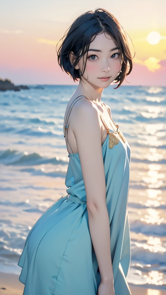 one girl, ***** face, cute face, ash gray hair:1.5, bob hair, short hair, camera's line of sight, small breasts, An ennui look, (((camisole, dress))) , particles of light, sea of ​​sunset, calm sea, white sand beach, very beautiful sunset, RAW photo, highest quality, High resolution, High resolution, masterpiece:1.3, 8k, 12k, professional photographer,(Enhances the beauty of skin texture:1.1),((Extremely precise and accurate anatomy:1.0)),Kind eyes,Graceful pose,(Beauty of form:1.4) Golden ratio, big eye,(nature's providence:1.4),