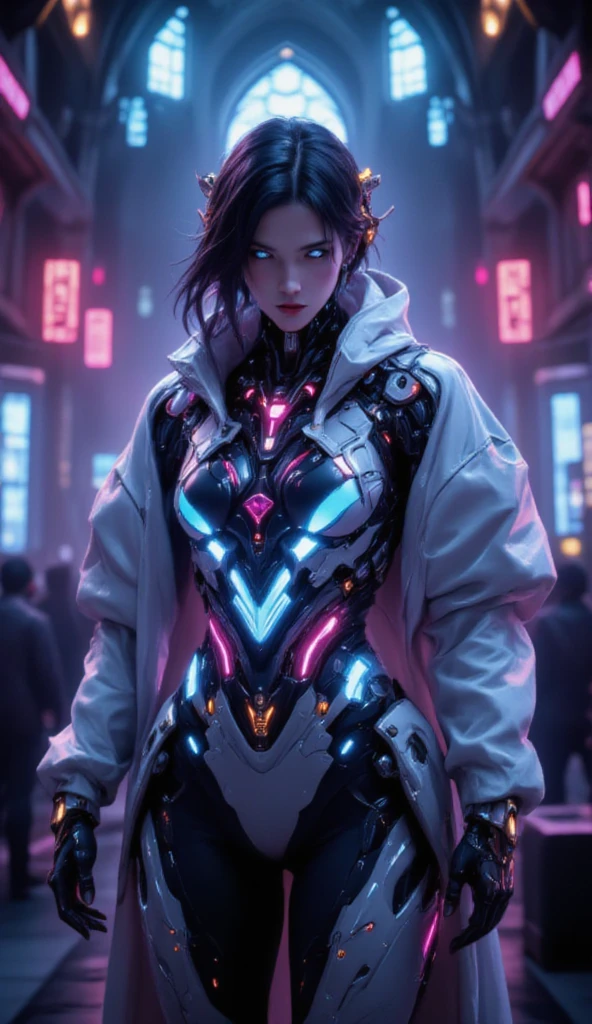 In the world of Warframe, Johanna de Armas emerges as a young woman, her form encased in a neon genesis evangelion style plugsuit, a testament to advanced futuristic exoskeletons. The exosuit, a fusion of futuristic baroque and rococo cyberpunk, is a marvel of design, featuring a white puffer jacket that adds a touch of elegance to her formidable appearance.
She stands in an opulent gothic cyber church, bathed in neon lights that cast dramatic shadows, emphasizing the off-center composition of the scene. The atmosphere is thick with the essence of retro cyberpunk art, reminiscent of the works by Keos Masons, and the painting style of Richard Gerstl, known for his vibrant expressionism and emotive, psychological intensity.
The street art and graffiti around her, with their vibrant colors and urban themes, reflect an 80's inspired synthwave aesthetic. The scene is a tapestry of neon, vibrant, and detailed elements that capture the essence of retro futurism. The shallow depth of field, vignette effect, and highly detailed rendering create a moody, epic atmosphere, reminiscent of a high-budget cinematic production.
The bokeh effect, cinemascope framing, and the addition of film grain give the image a grainy texture, enhancing its cinematic quality and adding to the overall gorgeousness of the scene. This is a world where technology and art collide, creating a visual spectacle that is both intense and beautiful.