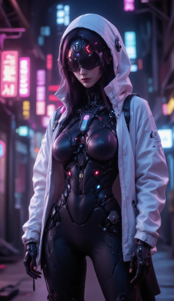 In the world of Warframe, Johanna de Armas emerges as a young woman, her form encased in a neon genesis evangelion style plugsuit, a testament to advanced futuristic exoskeletons. The exosuit, a fusion of futuristic baroque and rococo cyberpunk, is a marvel of design, featuring a white puffer jacket that adds a touch of elegance to her formidable appearance.
She stands in an opulent gothic cyber church, bathed in neon lights that cast dramatic shadows, emphasizing the off-center composition of the scene. The atmosphere is thick with the essence of retro cyberpunk art, reminiscent of the works by Keos Masons, and the painting style of Richard Gerstl, known for his vibrant expressionism and emotive, psychological intensity.
The street art and graffiti around her, with their vibrant colors and urban themes, reflect an 80's inspired synthwave aesthetic. The scene is a tapestry of neon, vibrant, and detailed elements that capture the essence of retro futurism. The shallow depth of field, vignette effect, and highly detailed rendering create a moody, epic atmosphere, reminiscent of a high-budget cinematic production.
The bokeh effect, cinemascope framing, and the addition of film grain give the image a grainy texture, enhancing its cinematic quality and adding to the overall gorgeousness of the scene. This is a world where technology and art collide, creating a visual spectacle that is both intense and beautiful.