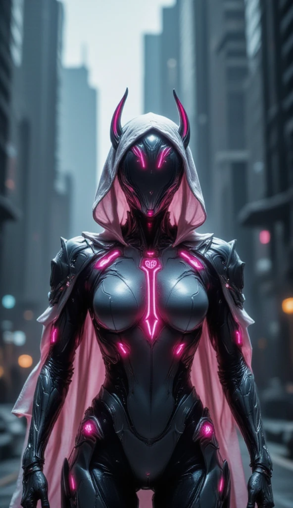 Warframe stands at the forefront of a dystopian metropolis, an exemplary embodiment of cutting-edge artificial intelligence and biomechanical engineering. The humanoid cyborg's sleek, aerodynamic physique is accentuated by a luminous exoskeleton, its surface adorned with vibrant pink neon accents that pulse with an otherworldly energy.

A hooded, silver-white cloak flows behind her, its edges intricately embroidered with cryptic symbols that seem to shimmer in the dim light of the city's towering skyscrapers. Her helmet, a gleaming, featureless visage, is crowned by two delicate, crimson-tipped horns that seem to defy the conventions of traditional cybernetic design.

As the Warframe's gaze falls upon the viewer, the air around her appears to ripple and distort, as if reality itself is being warped by the sheer presence of this advanced being. Her very essence seems to embody the fusion of human ingenuity and technological prowess, a testament to the boundless potential of a future where humanity and machine coexist in perfect harmony.