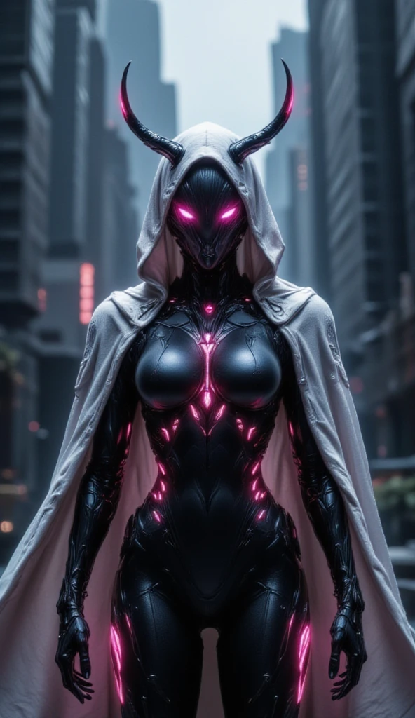 Warframe stands at the forefront of a dystopian metropolis, an exemplary embodiment of cutting-edge artificial intelligence and biomechanical engineering. The humanoid cyborg's sleek, aerodynamic physique is accentuated by a luminous exoskeleton, its surface adorned with vibrant pink neon accents that pulse with an otherworldly energy.

A hooded, silver-white cloak flows behind her, its edges intricately embroidered with cryptic symbols that seem to shimmer in the dim light of the city's towering skyscrapers. Her helmet, a gleaming, featureless visage, is crowned by two delicate, crimson-tipped horns that seem to defy the conventions of traditional cybernetic design.

As the Warframe's gaze falls upon the viewer, the air around her appears to ripple and distort, as if reality itself is being warped by the sheer presence of this advanced being. Her very essence seems to embody the fusion of human ingenuity and technological prowess, a testament to the boundless potential of a future where humanity and machine coexist in perfect harmony.