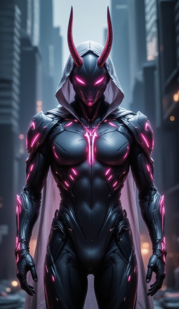 Warframe stands at the forefront of a dystopian metropolis, an exemplary embodiment of cutting-edge artificial intelligence and biomechanical engineering. The humanoid cyborg's sleek, aerodynamic physique is accentuated by a luminous exoskeleton, its surface adorned with vibrant pink neon accents that pulse with an otherworldly energy.

A hooded, silver-white cloak flows behind her, its edges intricately embroidered with cryptic symbols that seem to shimmer in the dim light of the city's towering skyscrapers. Her helmet, a gleaming, featureless visage, is crowned by two delicate, crimson-tipped horns that seem to defy the conventions of traditional cybernetic design.

As the Warframe's gaze falls upon the viewer, the air around her appears to ripple and distort, as if reality itself is being warped by the sheer presence of this advanced being. Her very essence seems to embody the fusion of human ingenuity and technological prowess, a testament to the boundless potential of a future where humanity and machine coexist in perfect harmony.