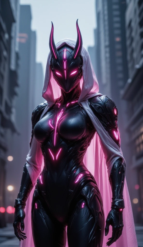 Warframe stands at the forefront of a dystopian metropolis, an exemplary embodiment of cutting-edge artificial intelligence and biomechanical engineering. The humanoid cyborg's sleek, aerodynamic physique is accentuated by a luminous exoskeleton, its surface adorned with vibrant pink neon accents that pulse with an otherworldly energy.

A hooded, silver-white cloak flows behind her, its edges intricately embroidered with cryptic symbols that seem to shimmer in the dim light of the city's towering skyscrapers. Her helmet, a gleaming, featureless visage, is crowned by two delicate, crimson-tipped horns that seem to defy the conventions of traditional cybernetic design.

As the Warframe's gaze falls upon the viewer, the air around her appears to ripple and distort, as if reality itself is being warped by the sheer presence of this advanced being. Her very essence seems to embody the fusion of human ingenuity and technological prowess, a testament to the boundless potential of a future where humanity and machine coexist in perfect harmony.