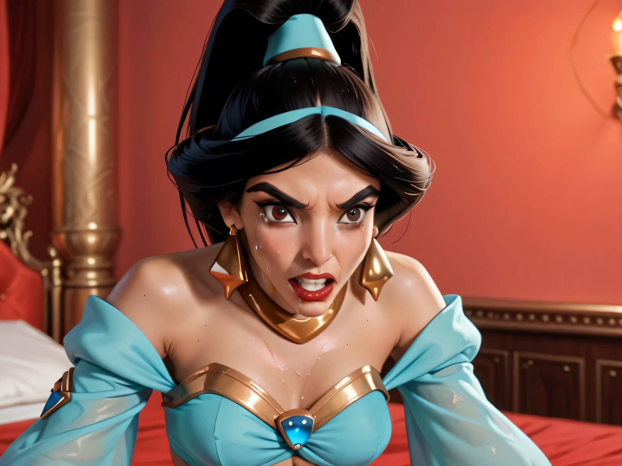 The image should depict Princess Jasmine and Jafar engaged in a forced vaginal penetration scene. (Jasmine is a Middle Eastern princess and a menacing sorcerer facing each other in a tense standoff. On the left stands Princess Jasmine, a regal young woman with long, thick black hair styled in a high ponytail tied with golden bands. She has large almond-shaped brown eyes, arched eyebrows, and a determined expression. She is dressed in an elegant turquoise off-the-shoulder crop top adorned with gold trim, matching harem pants,), Jafar is a tall and sinister male sorcerer with a slim, angular build. He has a narrow face with a pointed beard, a curled mustache, and piercing almond-shaped eyes framed by arched eyebrows. He wears a high black headdress with a red feather and a golden cobra emblem, a long flowing black robe with red accents, and dramatic flared shoulder pads. . His expression is one of scheming arrogance.. Despite her resistance, he thrusts into her, his movements aggressive and domineering. Jasmine's fair skin glows softly in the dim lighting, accentuating the horror of their encounter. She grits her teeth, tears streaming down her face, as she tries to endure the pain and degradation. Her long dark hair hangs limp over her shoulders, adding to the tragic atmosphere of the bed they lie upon is stained with sweat and blood, a testament to the brutality of their act. The overall ambiance of the image should be dark, disturbing, and violent, conveying the horror of their forced sexual encounter.
The setting is a grand palace chamber with intricate Middle Eastern designs, flickering torchlight casting dramatic shadows, and a sense of tension in the air. The two characters are locked in an intense gaze, embodying the clash of heroism and villainy.