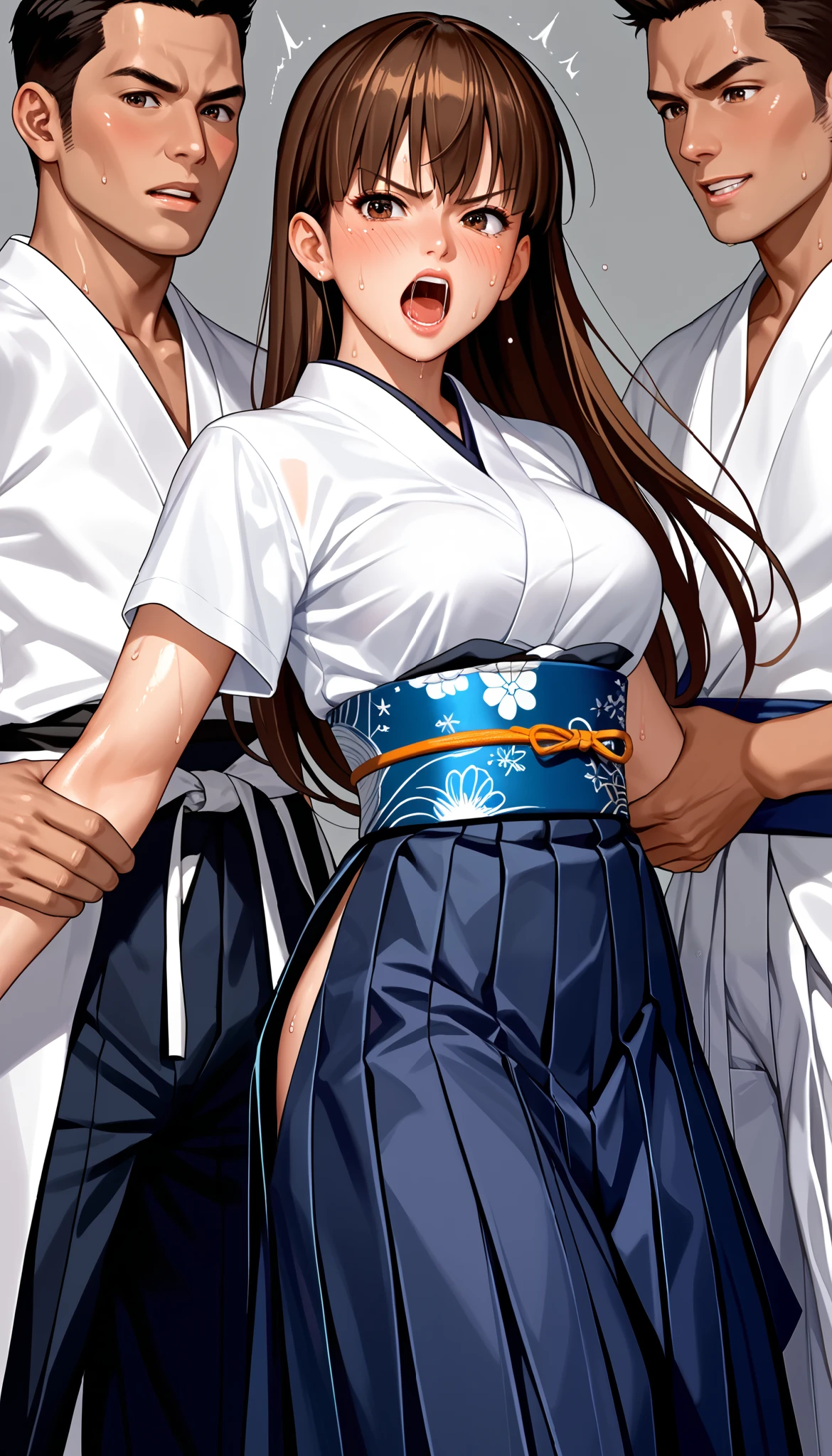 DOALeiFang, LeiFangDOA, gasp, Captured by men, Captive, Surrounded by men, Attacked by men:1.5, Many men:1.5, Man grabs her arm, Man attacks from behind, Man grabs her leg, Men Swarm 1:5, (short sleeve white solid kimono tops and high waist dark-blue maxi-length (skirt, hakama) with dark-blue obi:1.4), be breathless, sweat, sparkling sweat, trembling, (long brown straight hair:1.2), brown eyes, breasts, [[angry]], blush, {anguish}, {{shameful}},