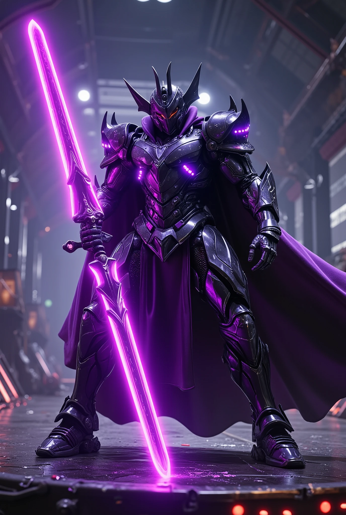 unreal engine, a full armor mecha paladin, he wear a black metal armor with glittering purple neon light and purple cloak, he holding a great sword with bright purple neon light, fighting stance, cinematic lighting, sharp focus, metal reflection