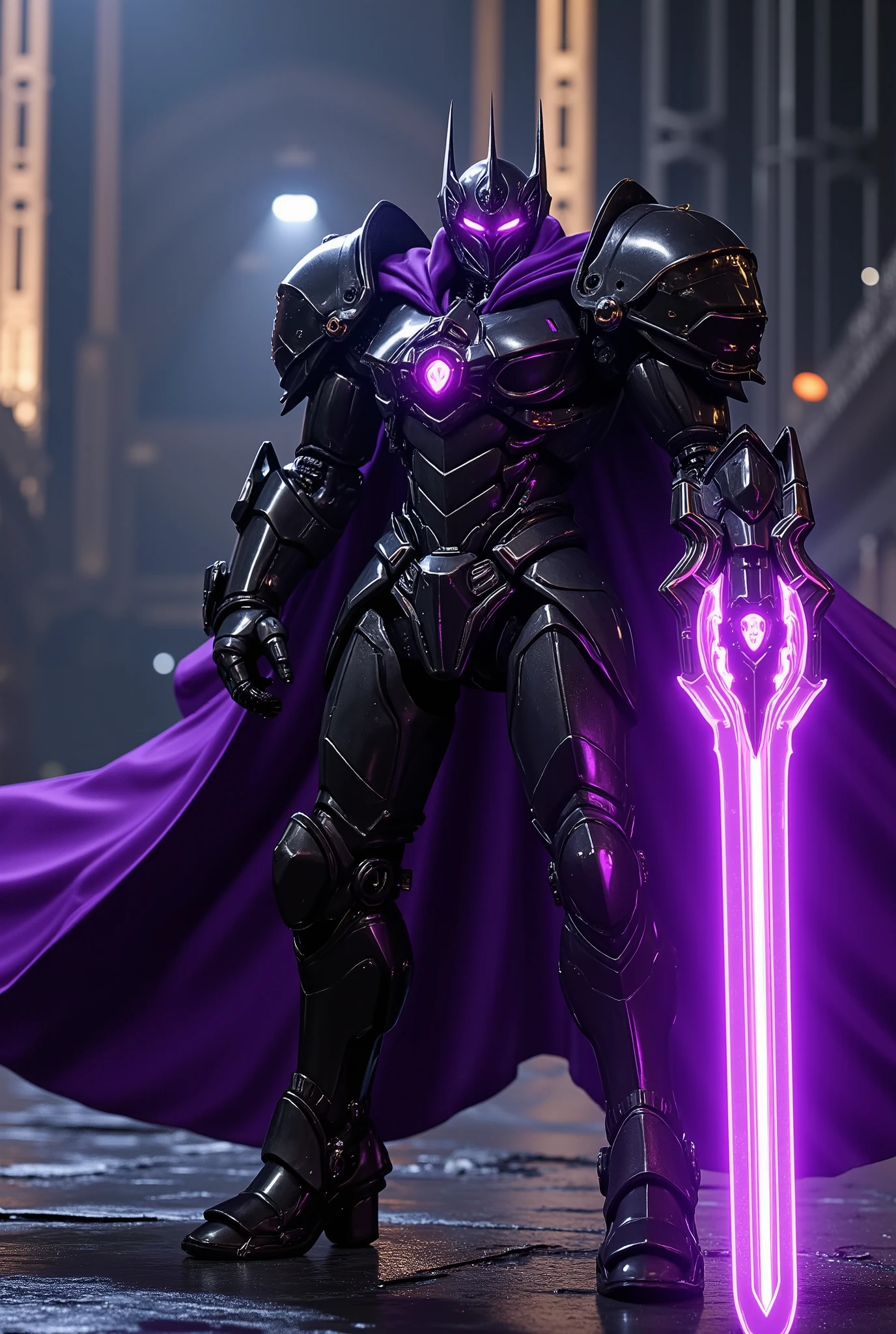 unreal engine, a full armor mecha paladin, he wear a black metal armor with glittering purple neon light and purple cloak, he holding a great sword with bright purple neon light, fighting stance, cinematic lighting, sharp focus, metal reflection