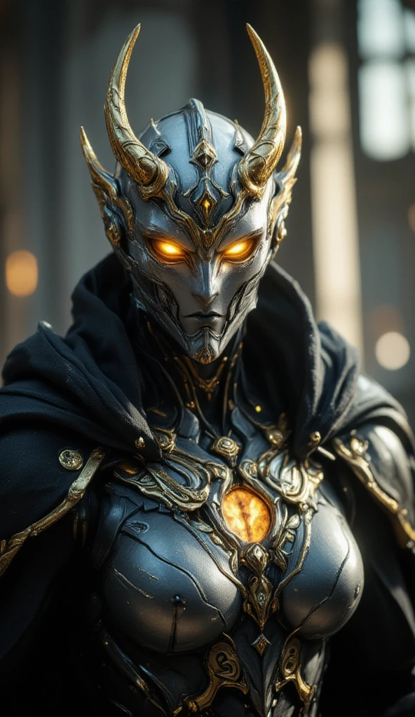 Behold, a formidable sentinel of ancient lore: Warframe. Clad in resplendent silver and black armor, adorned with intricate golden filigree and ornate engravings, this armored warrior exudes an aura of unyielding protection and unrelenting power. The visage of Warframe is obscured by a helmet of gleaming silver, its surface etched with the subtle lines of a noble crest, while two golden horns protrude from the forehead, evoking the majesty of a bygone era. Two piercing eyes, aglow with an otherworldly energy, burn with an intense, fiery light, illuminating the dark recesses of the surroundings. A dark, billowing cloak, embroidered with the symbols of a long-forgotten order, is draped across Warframe's broad shoulders, billowing behind them like a dark cloud. As the light catches the armor's polished surface, it seems to shimmer and dance, as if infused with the very essence of the elements. In this moment, Warframe stands as a testament to the unyielding spirit of a bygone age, a guardian of the past, and a champion of the present.