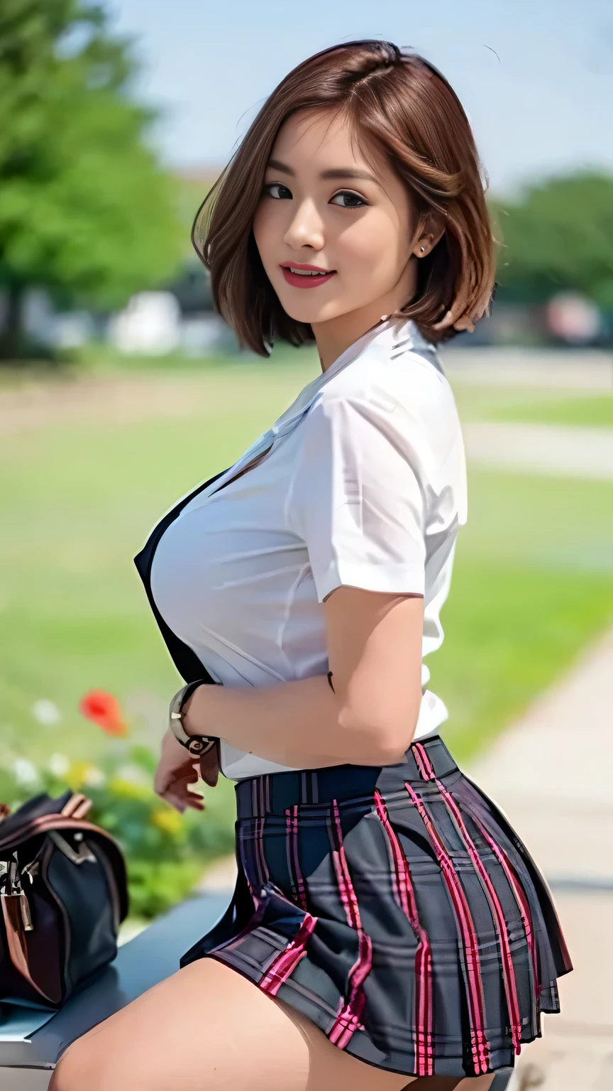 ((best quality)), ((masterpiece)), (detailed), 1girl, sexy,NSFW, 8k RAW photo, highest quality, masterpiece, 超A high resolution, film grain, movie, 1 girl, looking at the viewer, natural skin texture, Realistic eye and face details, lip whole, lipstick, (compensate), red eyeshadow, vaginal, ((pussy)), open your legs, Low Camera, inside the skirt, nipple, fluffy short hair, laughter, close your mouth, beautiful foot, tall woman, skin, slim_foot, solo, huge breasts, cleavage, super short skirt, topless, beautiful natural places, Around the flower position, (detailed background), tartan check skirt, Blurred background b, jk ribbon, of black hair, bangs, uniform, pleated skirt, buckshot, Stick out your butt, Put out butt, from bottom.