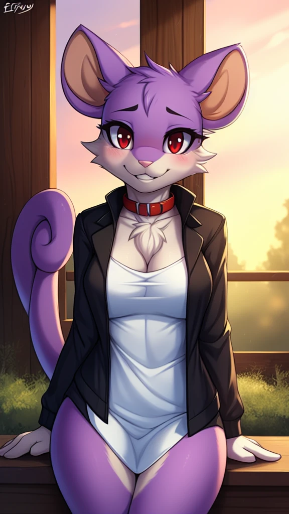 By zinfyu,by twistedscarlet60, uploaded on pixiv, by fluff-kevlar, solo female, female anthro rat, (highly detailed beautiful face and eyes)absurdres, perfect anatomy, (masterpiece), (best quality), (solo female:1.2), (extremely detailed:1.3), Sharp:1.2, (detailed eye,red eye),BREAK, rattata, from pokemon, detailed fur, fluffy fur, beautiful face,  cute face, soft face, perfect figure beautiful woman:1.4, Hourglass body:1.2, tail,slim, beautiful eyelashes, long eyelashes, View on viewer, closeup, mature woman ,shy face, looking on viewer, focus on face, close up,  blush, red collar, shy smile, view on viewer, dusk, garden, medium breast, wear black jacket, red tshirt inside