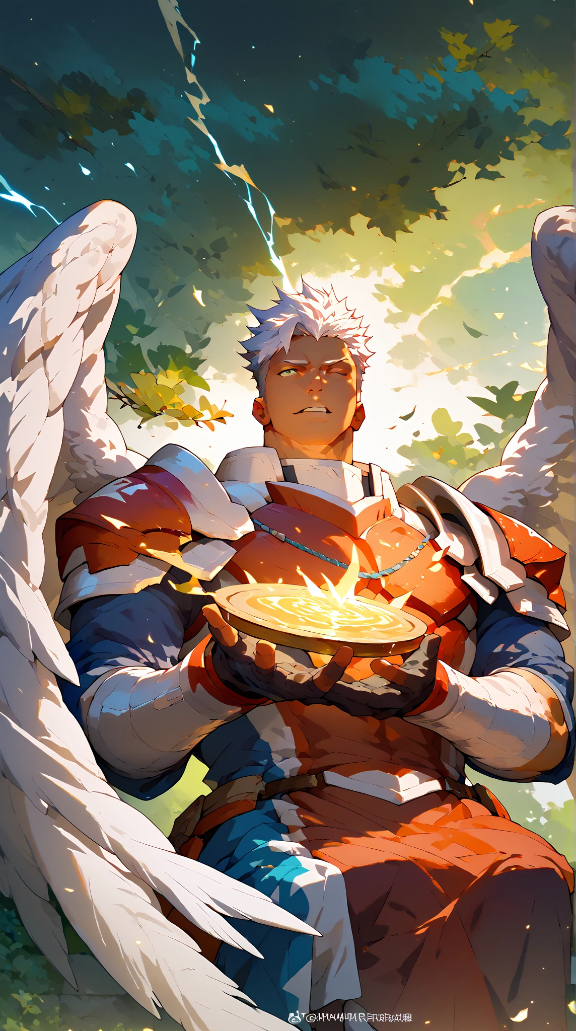 nsfw,( top quality), (​masterpiece),high detailed,forehead,((tan)),man,ideal ratio body propotions,Broad shoulders, Archangel,Lightning Magic、White Wings,dress armor,white hair,resting