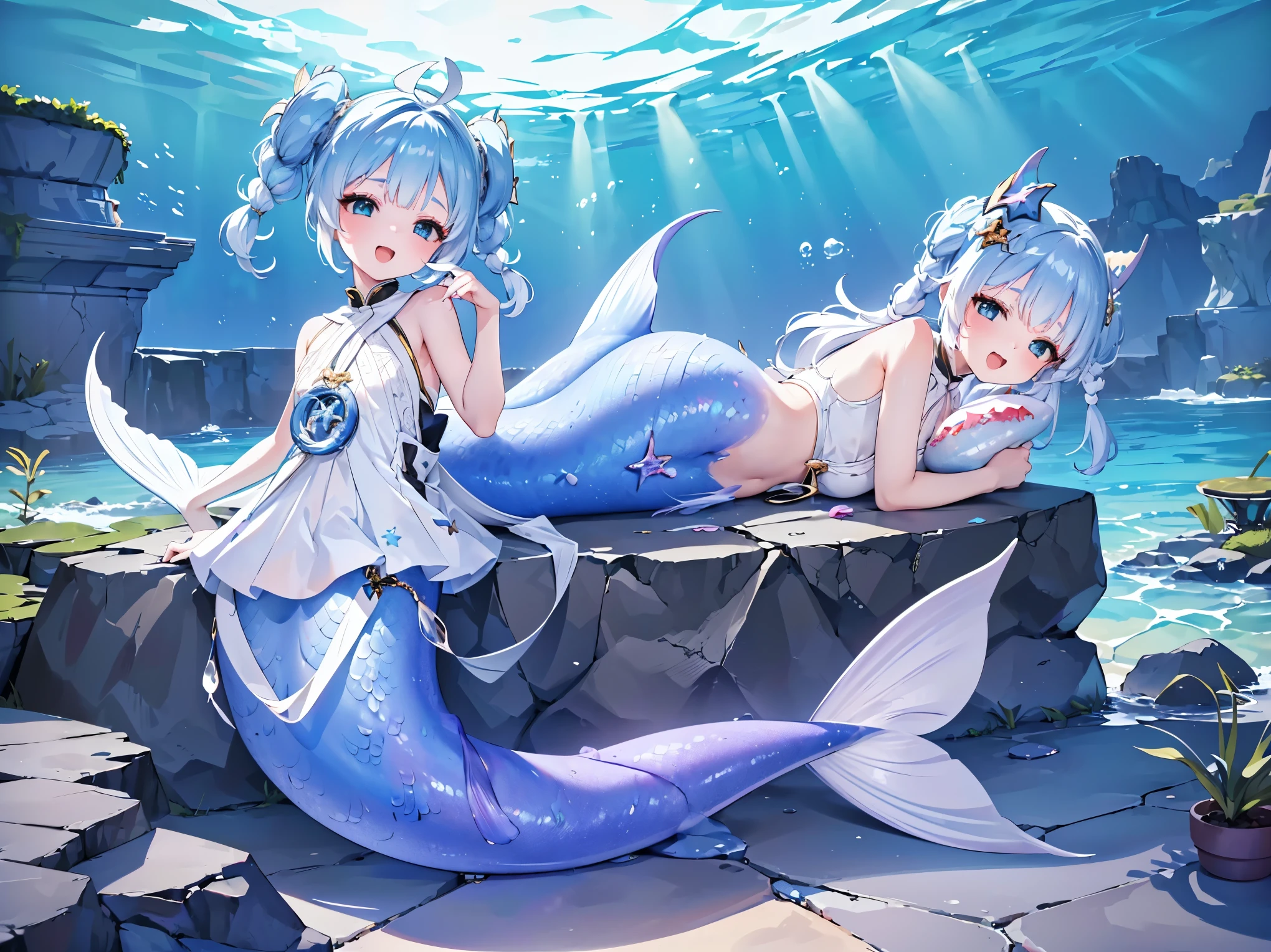 (masterpiece,  of the best quality),( full five fingers),  a girl  ,Hair accessories,  unique  ,Mermaid,蓝色的Mermaid尾巴, full-body photo ,  night view, Smile,(Underwater:1.2),charming face(Kawaii, charming,Soft), open mouth ,Sing,Lying on a rock reef