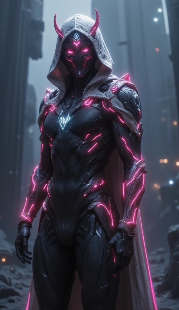 Warframe stands at the forefront of a dystopian metropolis, an exemplary embodiment of cutting-edge artificial intelligence and biomechanical engineering. The humanoid cyborg's sleek, aerodynamic physique is accentuated by a luminous exoskeleton, its surface adorned with vibrant pink neon accents that pulse with an otherworldly energy.

A hooded, silver-white cloak flows behind her, its edges intricately embroidered with cryptic symbols that seem to shimmer in the dim light of the city's towering skyscrapers. Her helmet, a gleaming, featureless visage, is crowned by two delicate, crimson-tipped horns that seem to defy the conventions of traditional cybernetic design.

As the Warframe's gaze falls upon the viewer, the air around her appears to ripple and distort, as if reality itself is being warped by the sheer presence of this advanced being. Her very essence seems to embody the fusion of human ingenuity and technological prowess, a testament to the boundless potential of a future where humanity and machine coexist in perfect harmony.